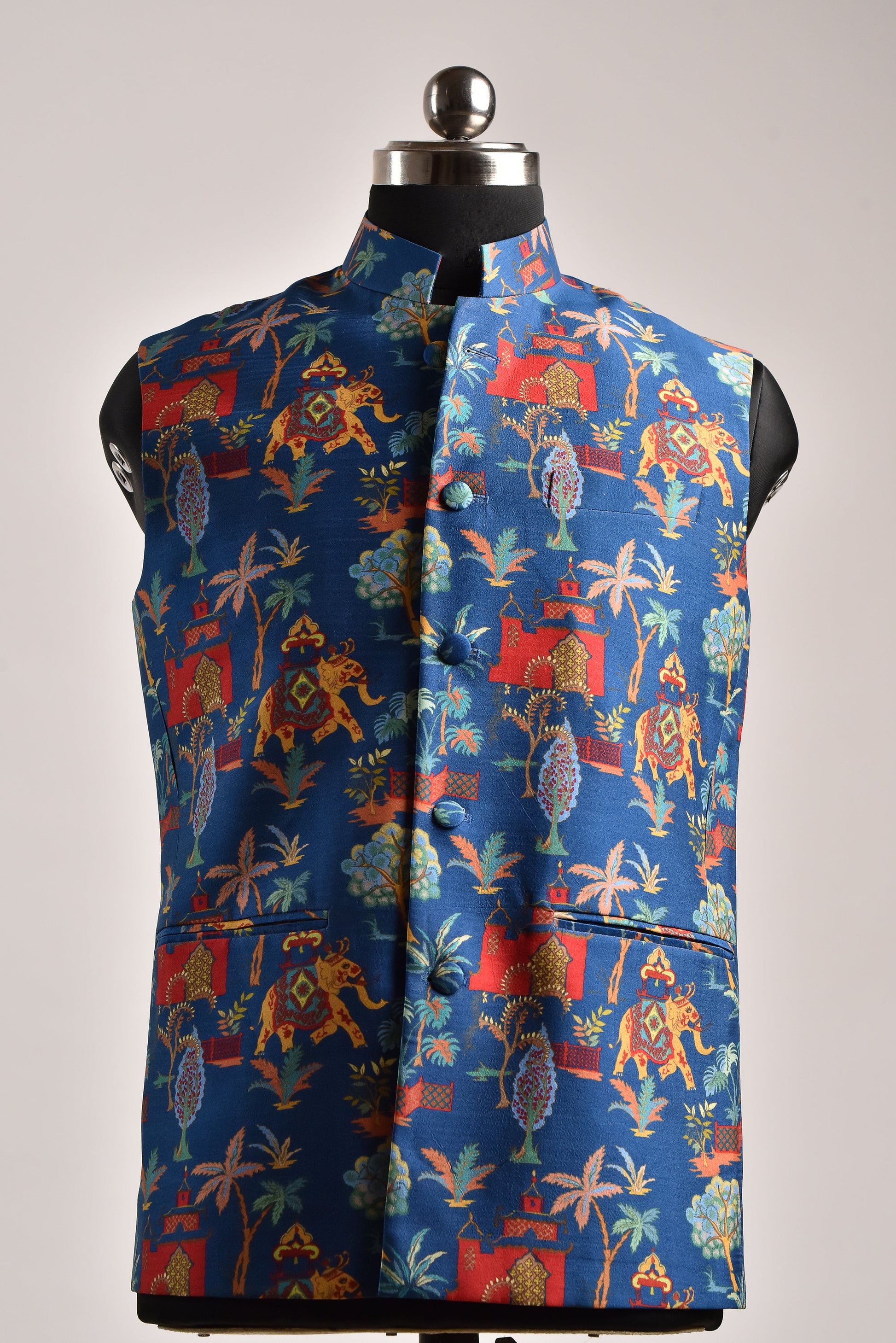 Men's printed silk Nehru jacket with vibrant colors and intricate patterns for stylish occasions