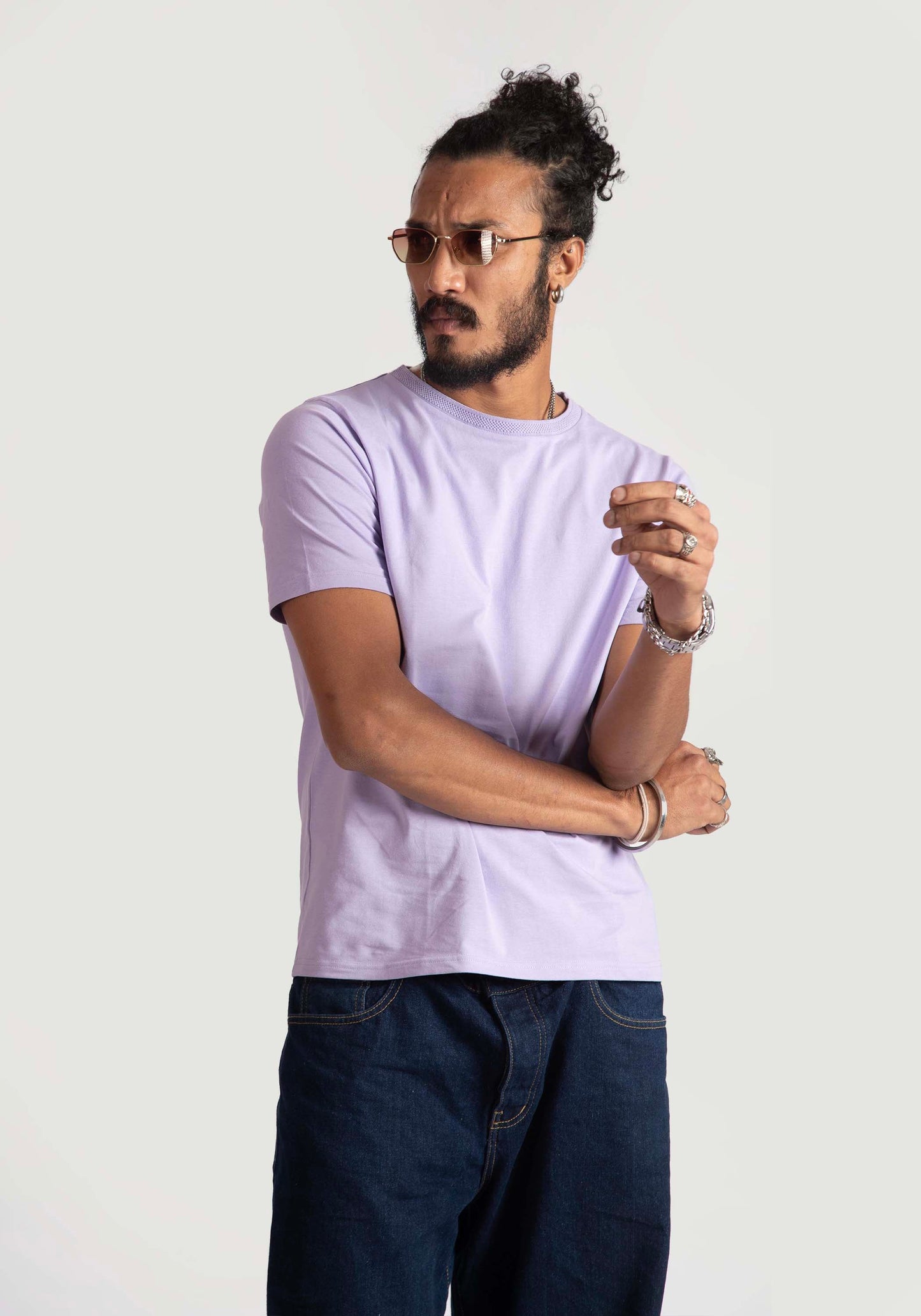 Stylera men's regular fit lavender tee worn by a man with dark hair and sunglasses
