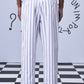 Back view of men's striped lounge pants by Stylera with vertical white and gray stripes