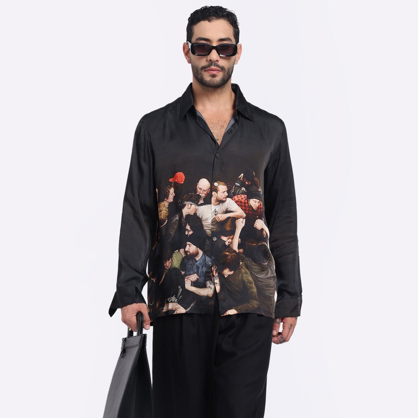 Stylera men's trendy statement shirt featuring a bold art print design on a sleek black background