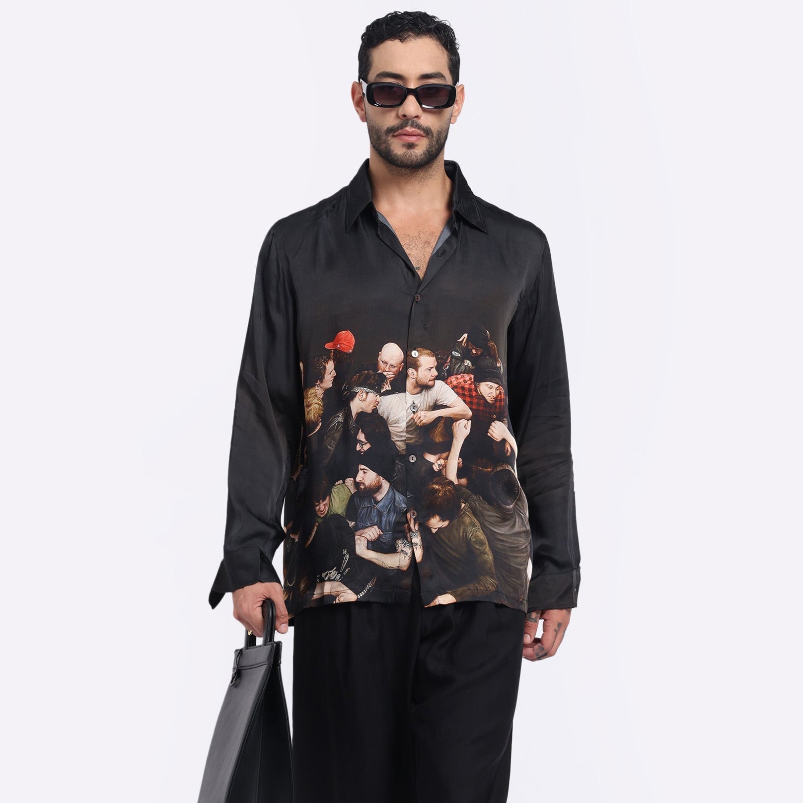 Stylera men's trendy statement shirt featuring a bold art print design on a sleek black background