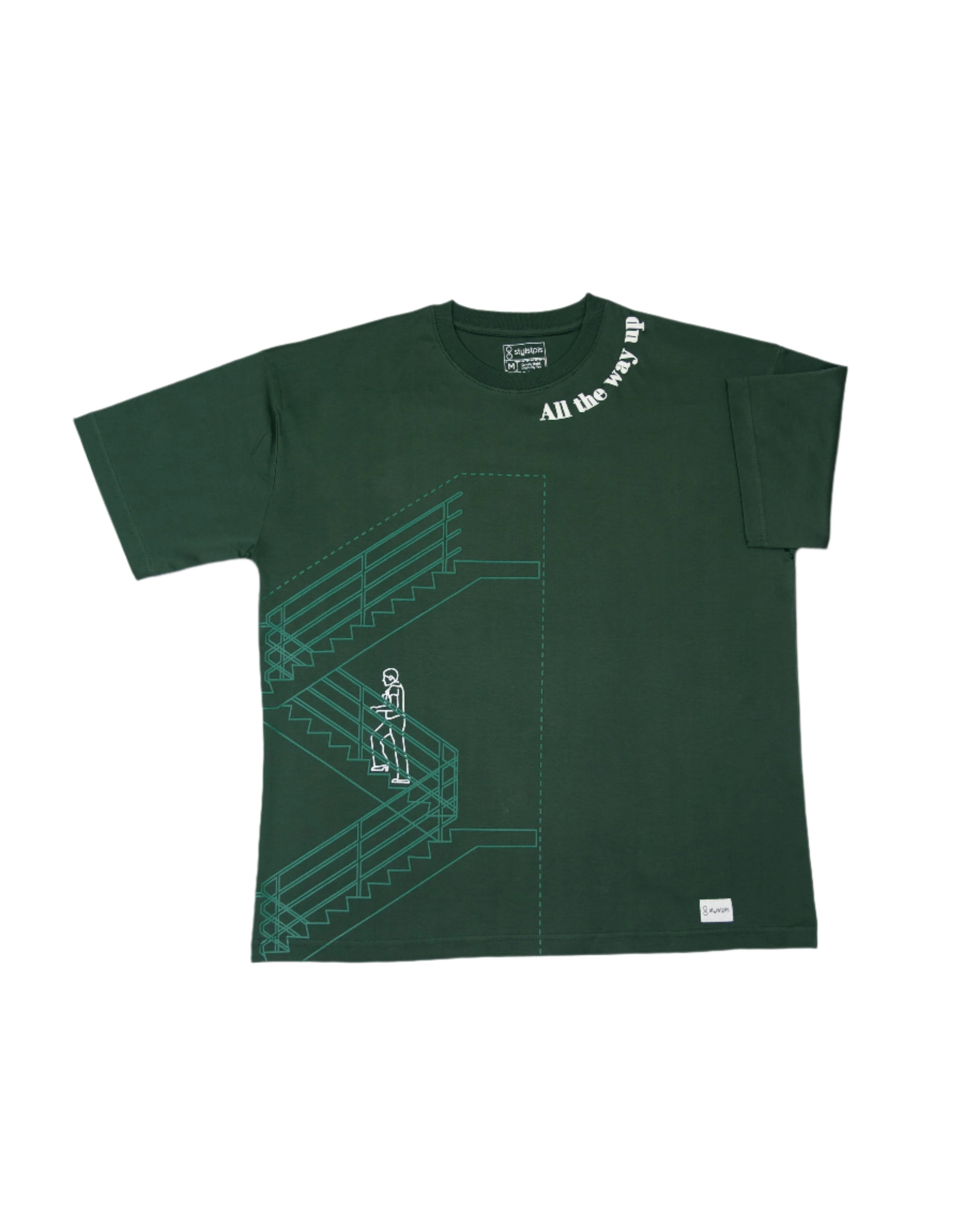 Stylstpls men's trendy streetwear t-shirt in green with unique staircase graphic design and bold text