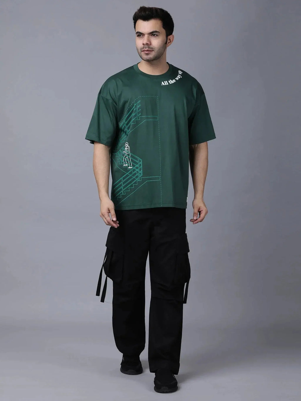 Men's trendy streetwear t-shirt in dark green with unique graphic design for a stylish look