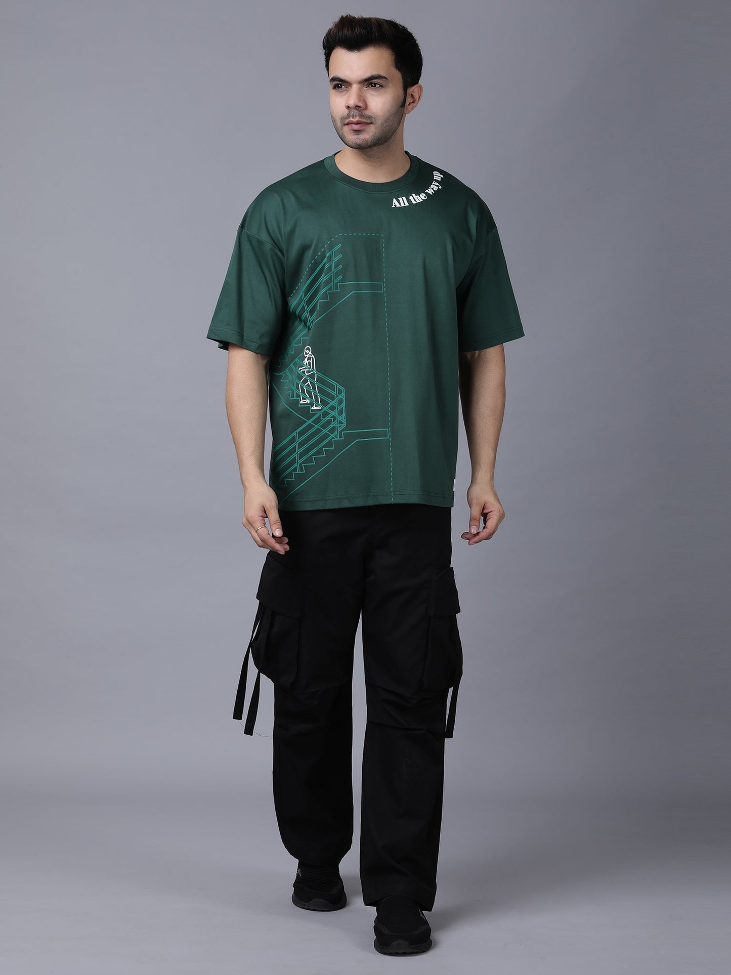 Men's trendy streetwear t-shirt in dark green with unique graphic design for a stylish look