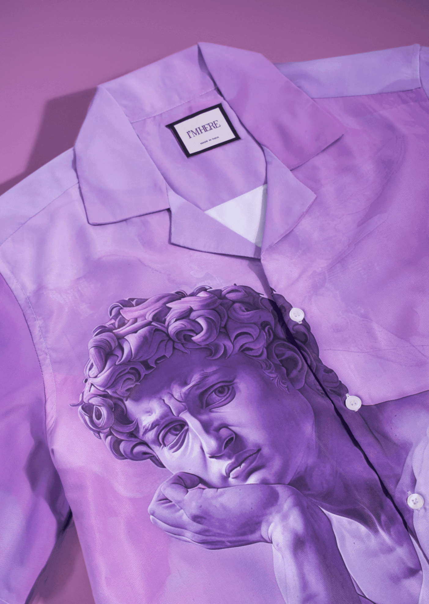Lilac short sleeve button shirt by Stylera with large classical sculpture print men's trendy summer shirts