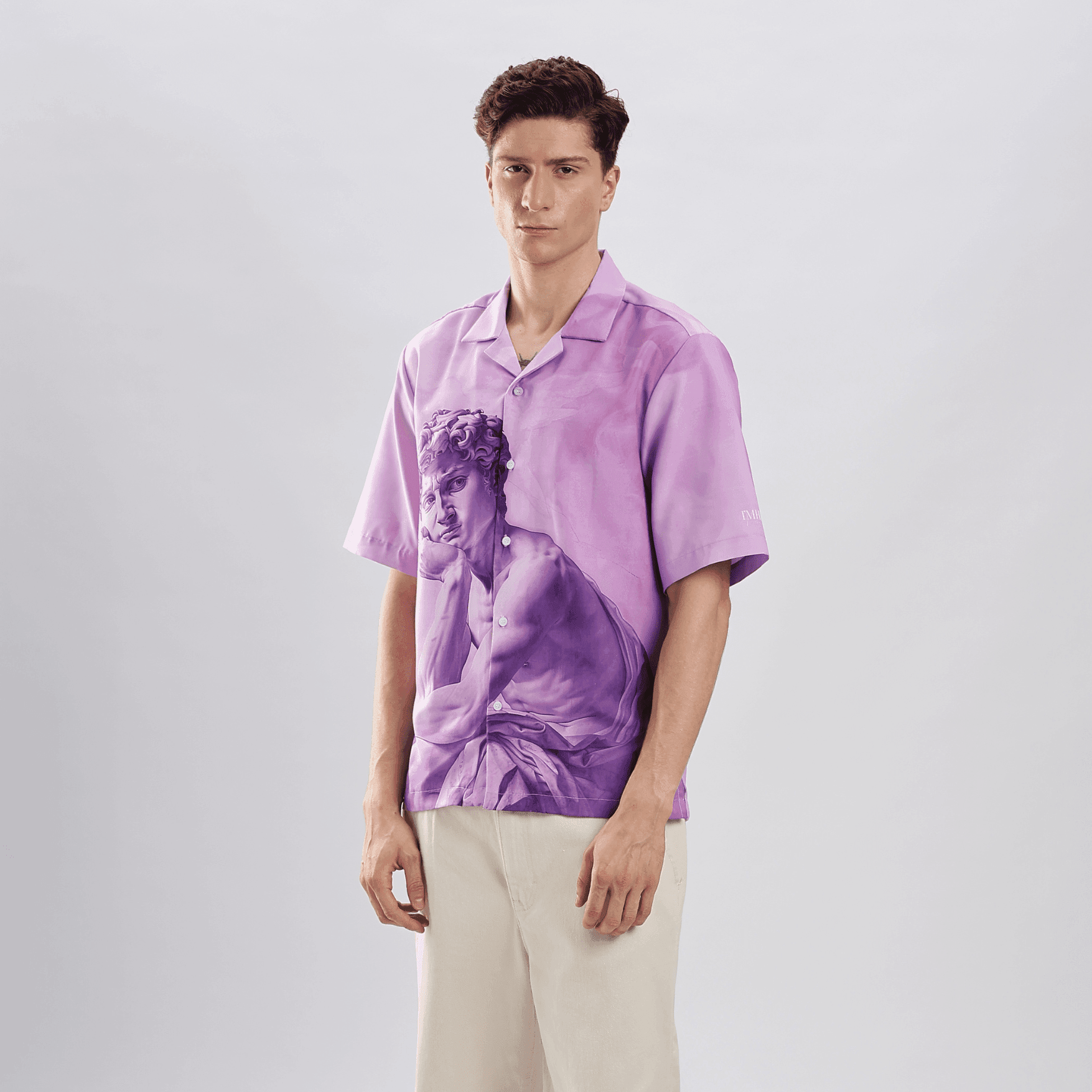 Stylera purple camp collar shirt with statue print on front worn by model men's trendy summer shirts