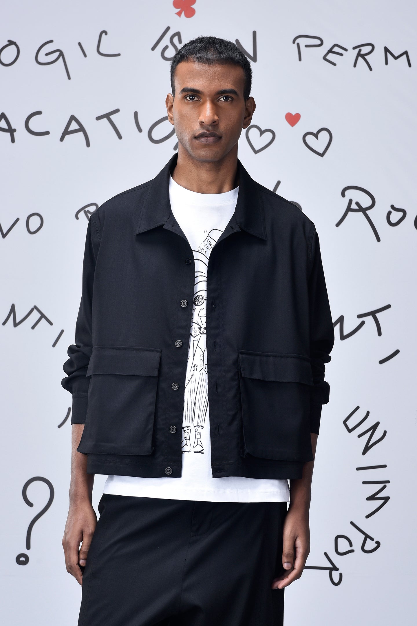 Stylera black casual jacket men's with front flap pockets relaxed cropped fit