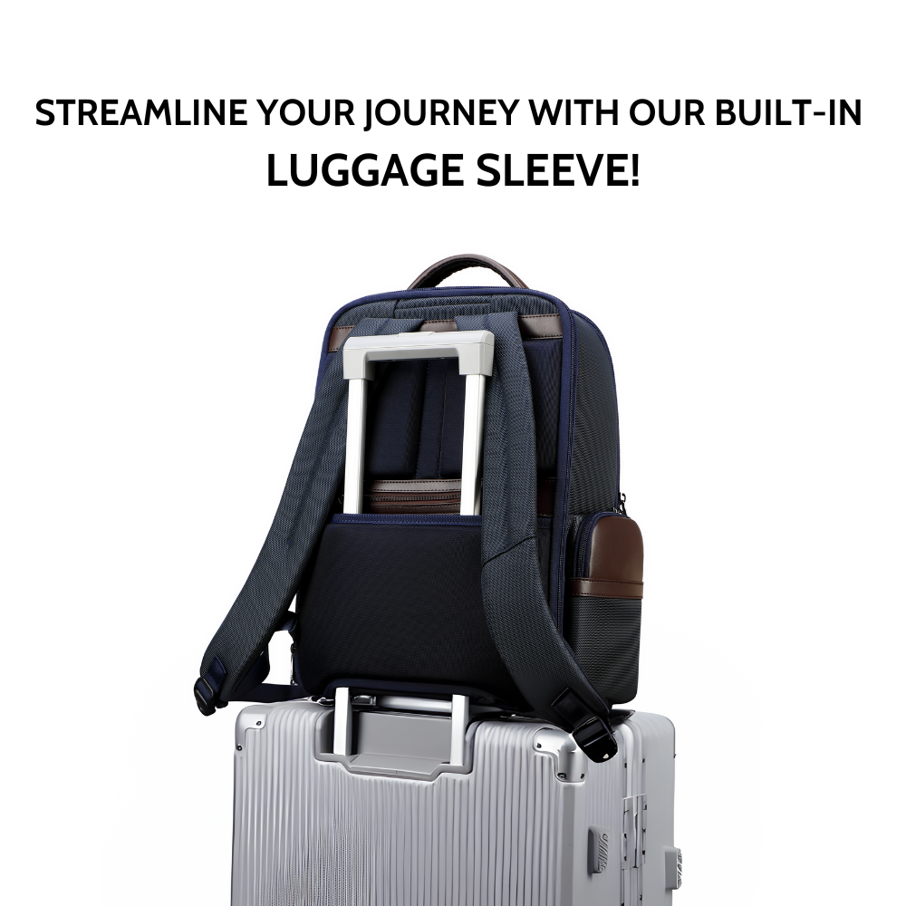 Stylera luxury mocha blue leather backpack with built in luggage sleeve secured on suitcase for travel