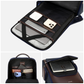 Stylera luxury mocha blue leather backpack with organized compartments holding laptop tablet phone and accessories