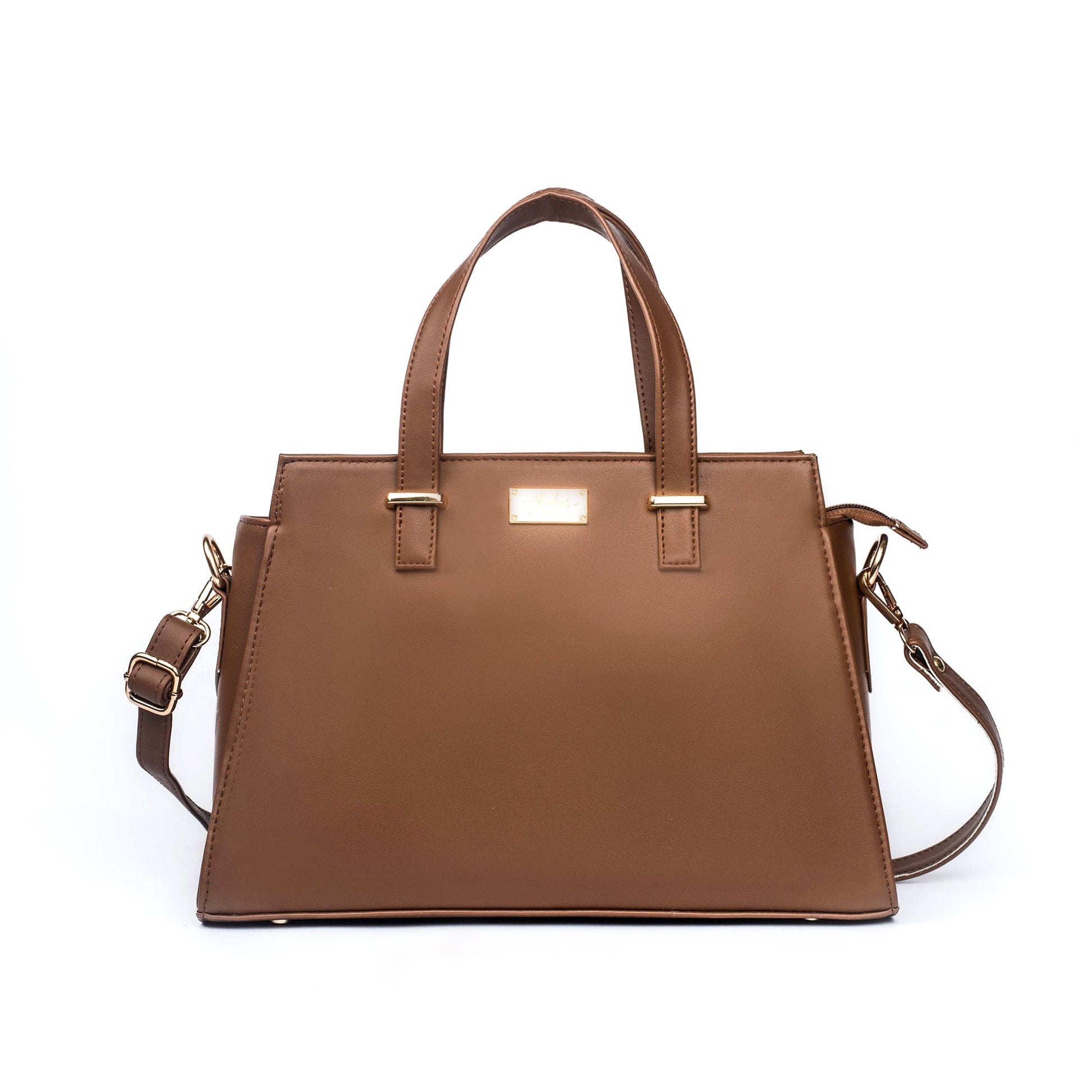 Mocha elegance handbag with a structured design and optional shoulder strap for stylish versatility