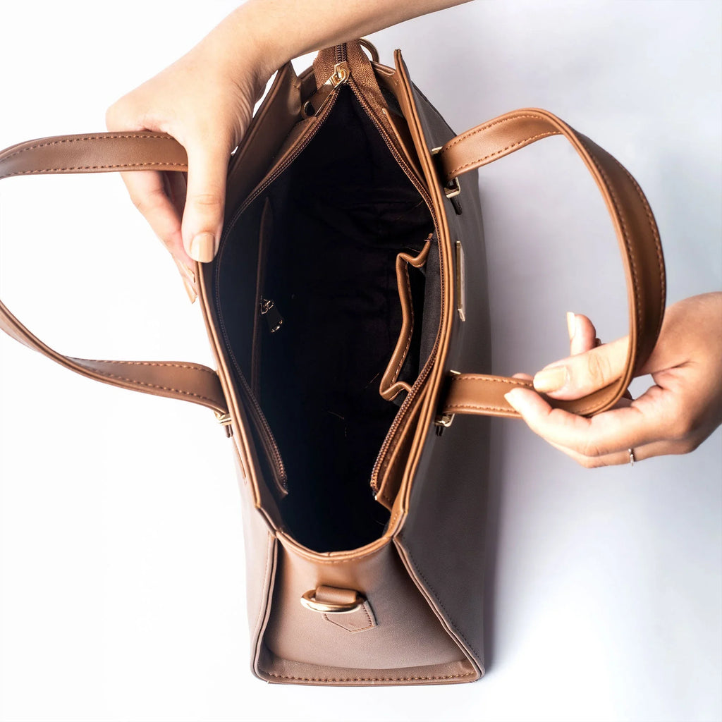 Mocha elegance handbag with spacious interior and sturdy handles for everyday use