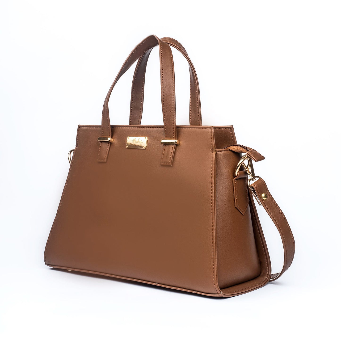 Mocha elegance handbag by Stylera with dual handles and gold accents