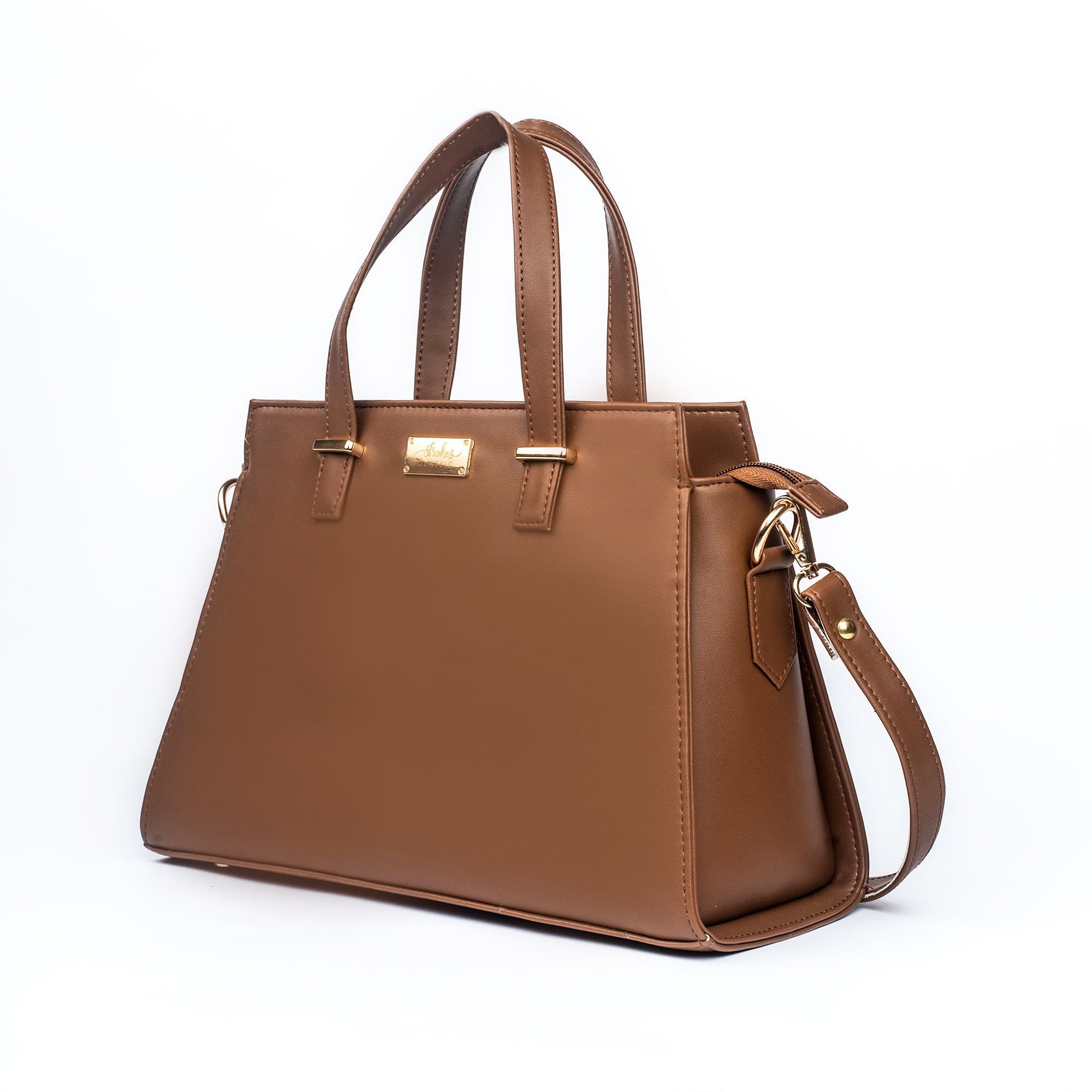 Mocha elegance handbag by Stylera with dual handles and gold accents