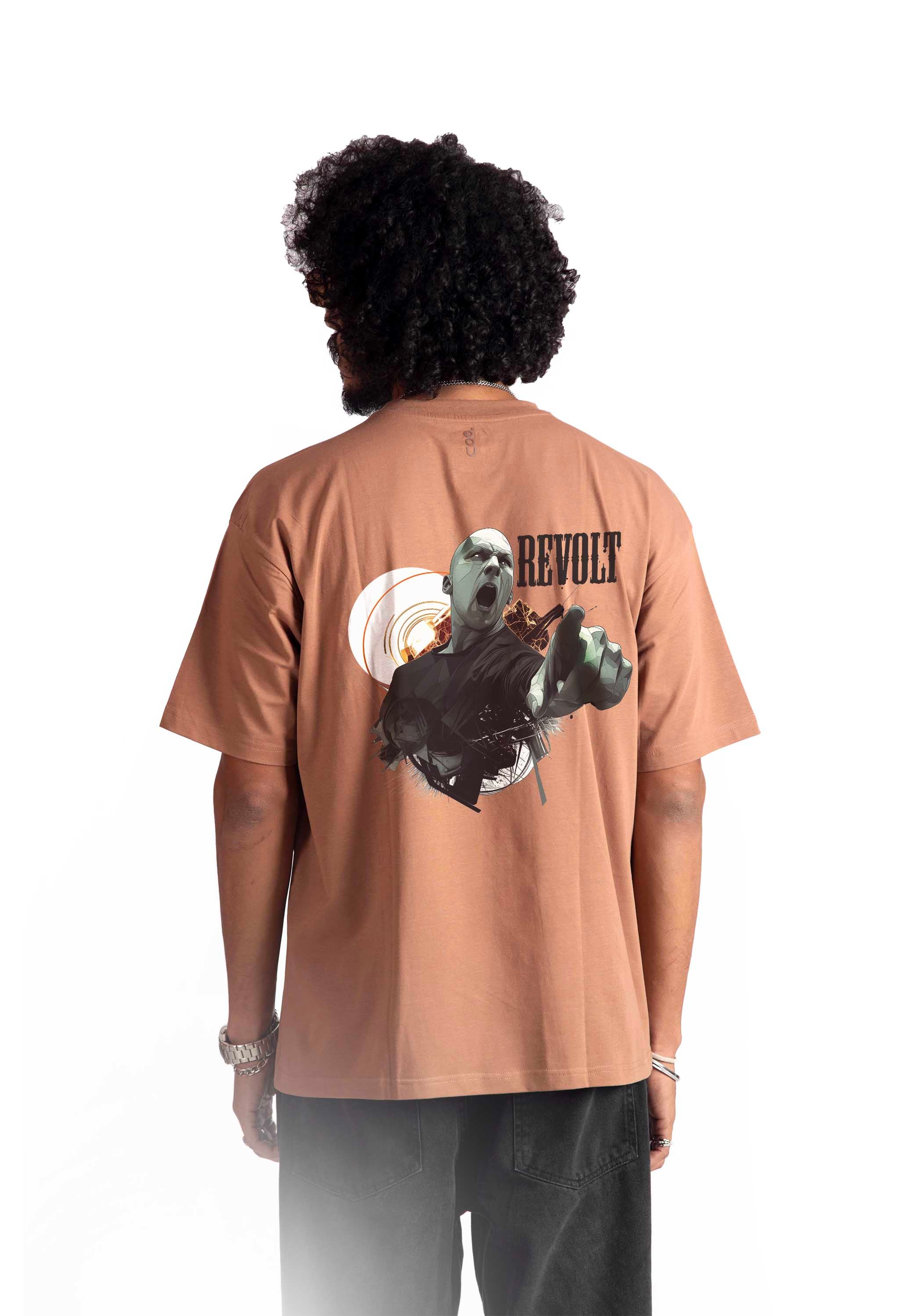 Stylera mocha oversized t-shirt with graphic print on back worn by male model