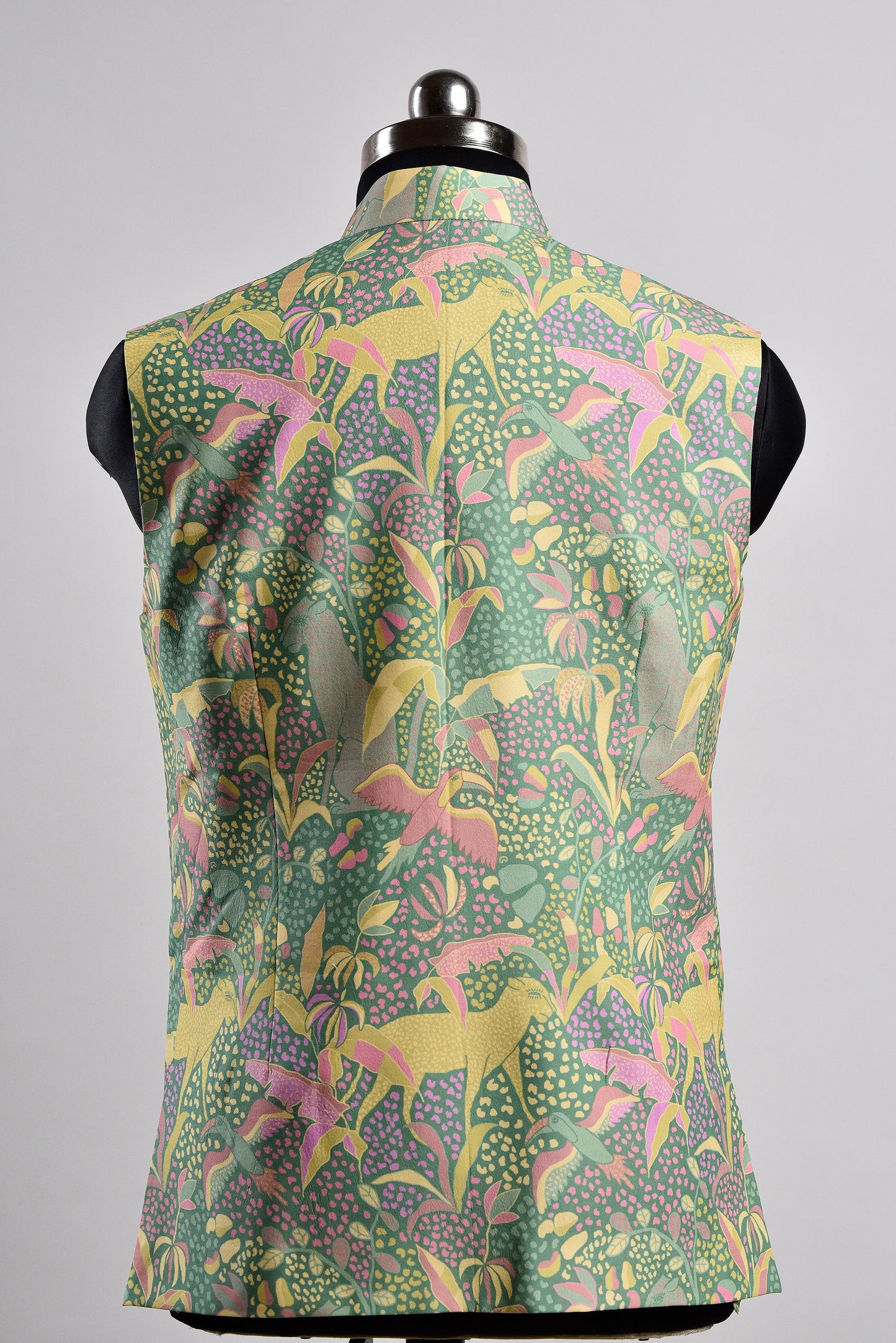 Back view of a modern floral Nehru jacket by Stylera featuring vibrant botanical print