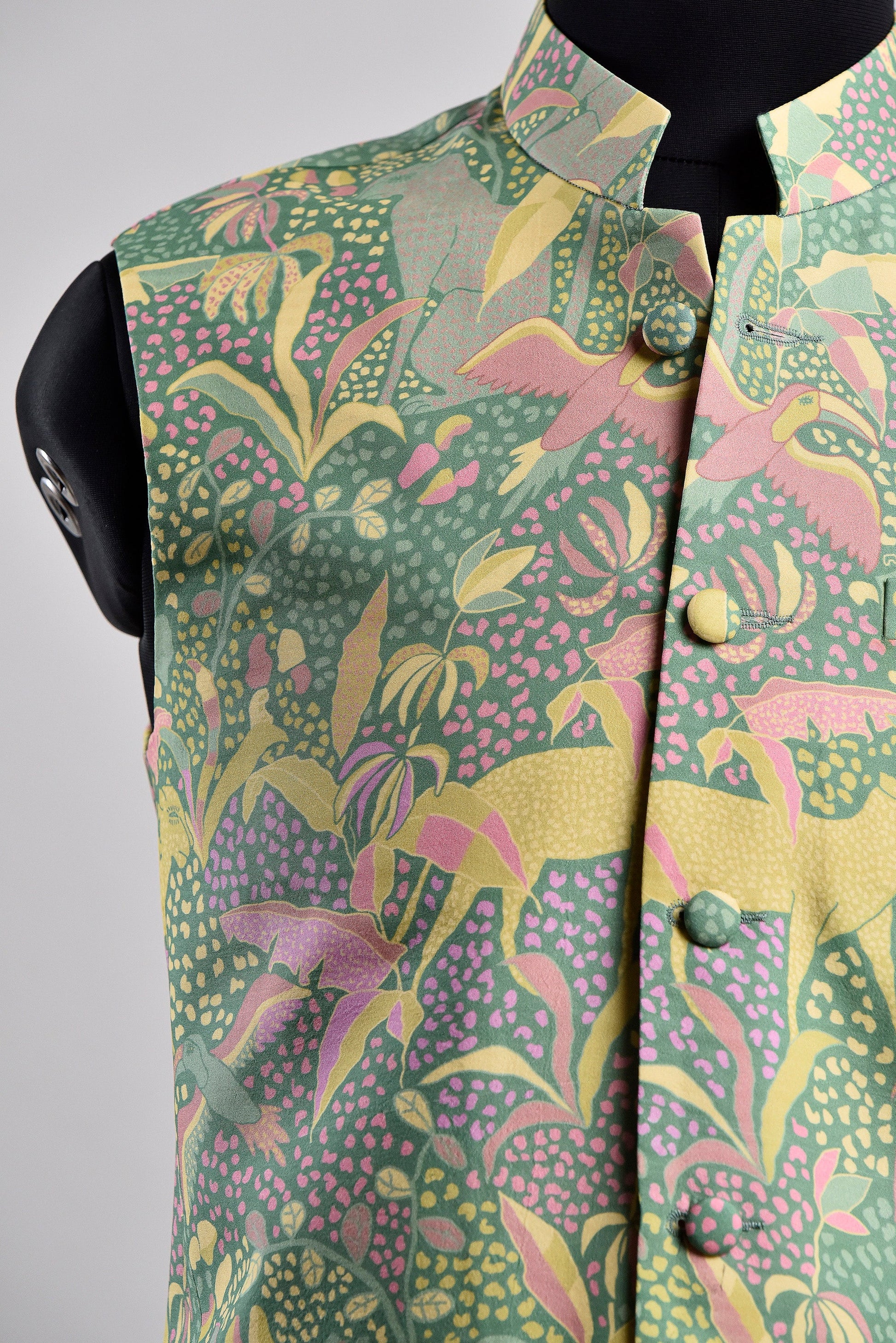 Stylera modern floral Nehru jacket featuring a vibrant botanical print and a stylish stand collar