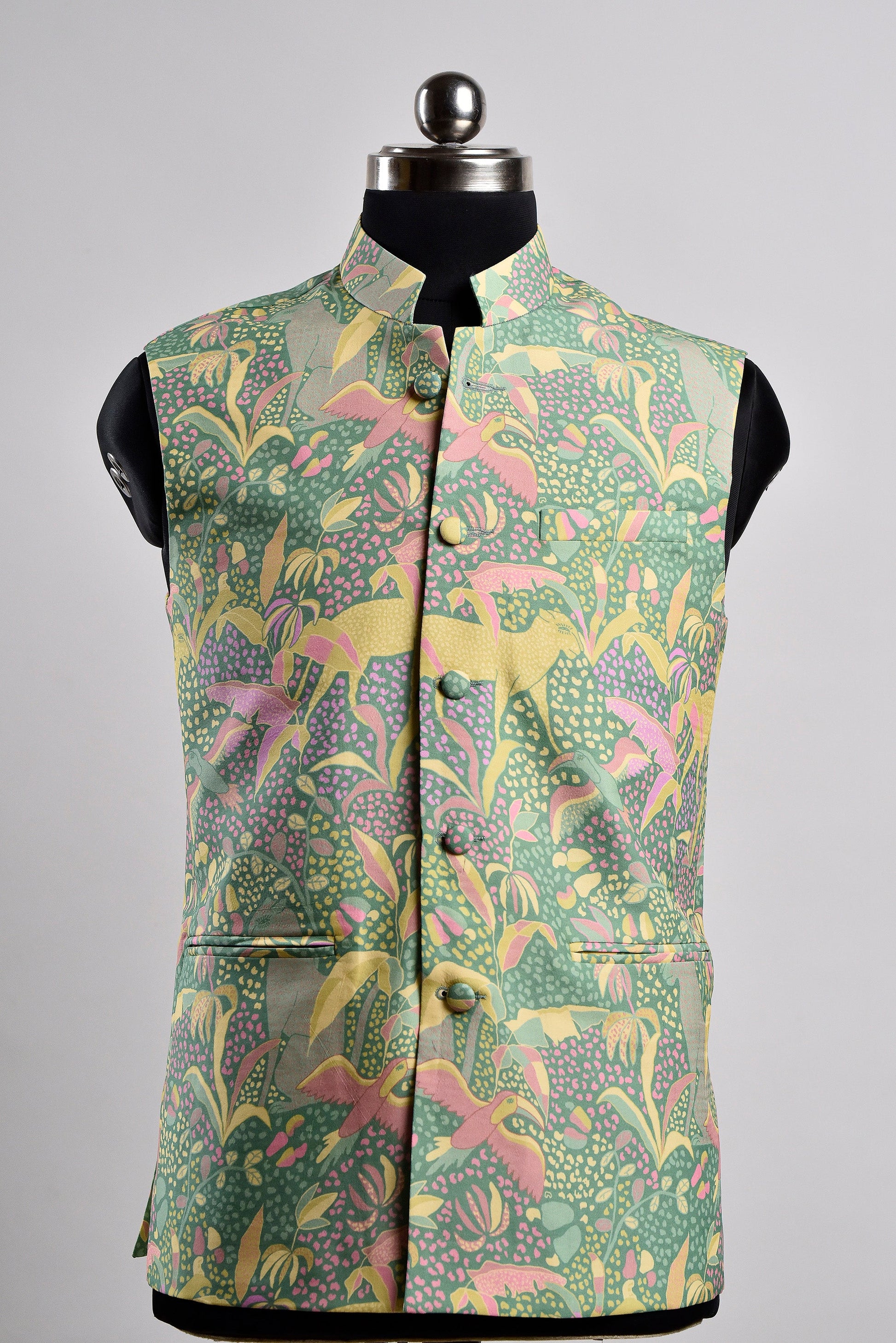 Modern floral Nehru jacket featuring a vibrant botanical print and a chic collar design