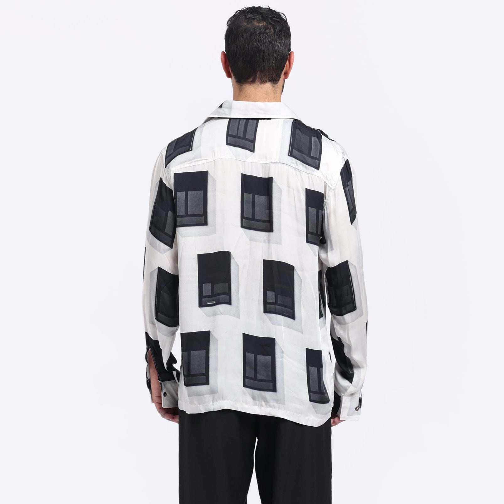 Back view of a modern printed men's shirt by Stylera featuring a stylish window pane design
