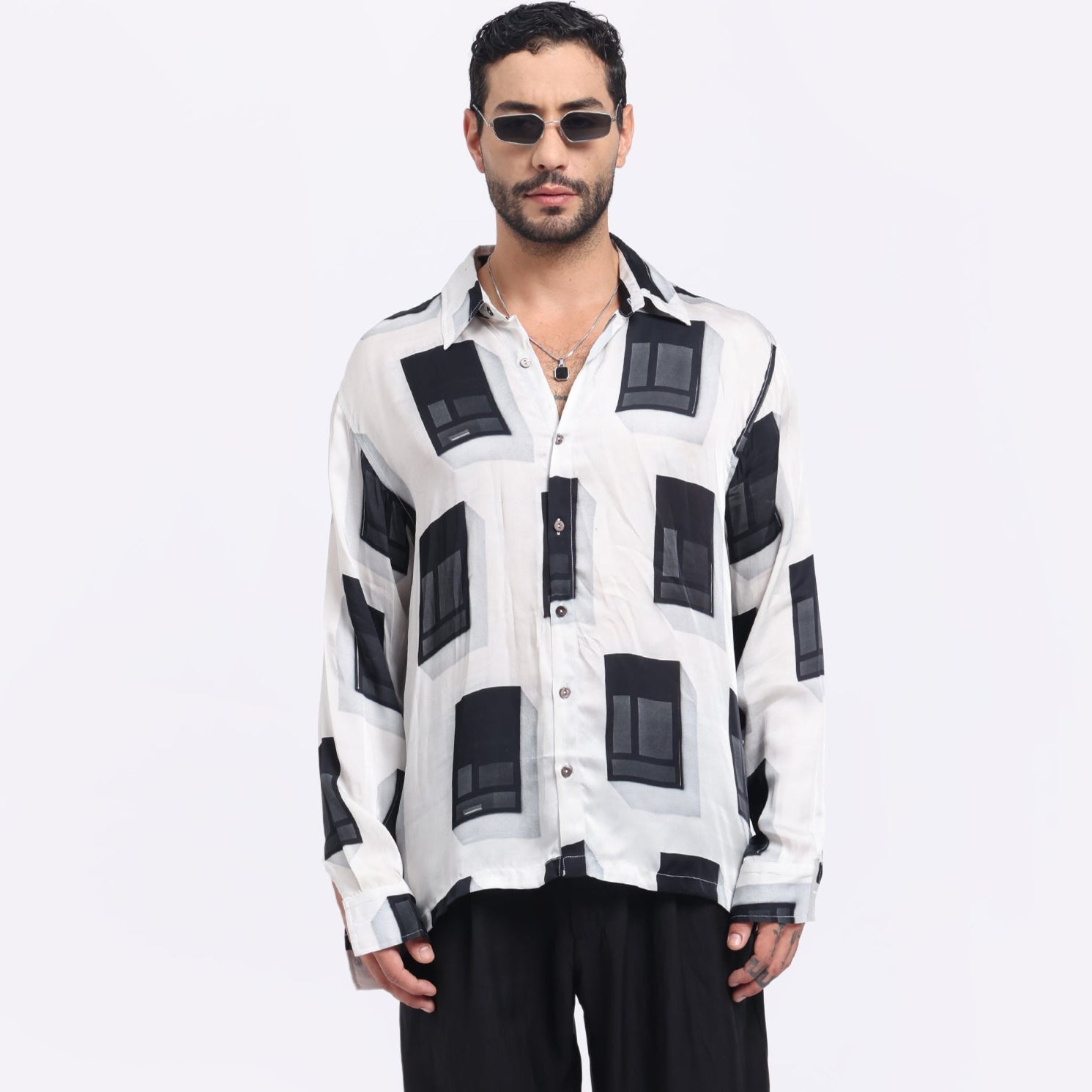 Stylish modern printed men's shirt by Stylera featuring a unique black and white design
