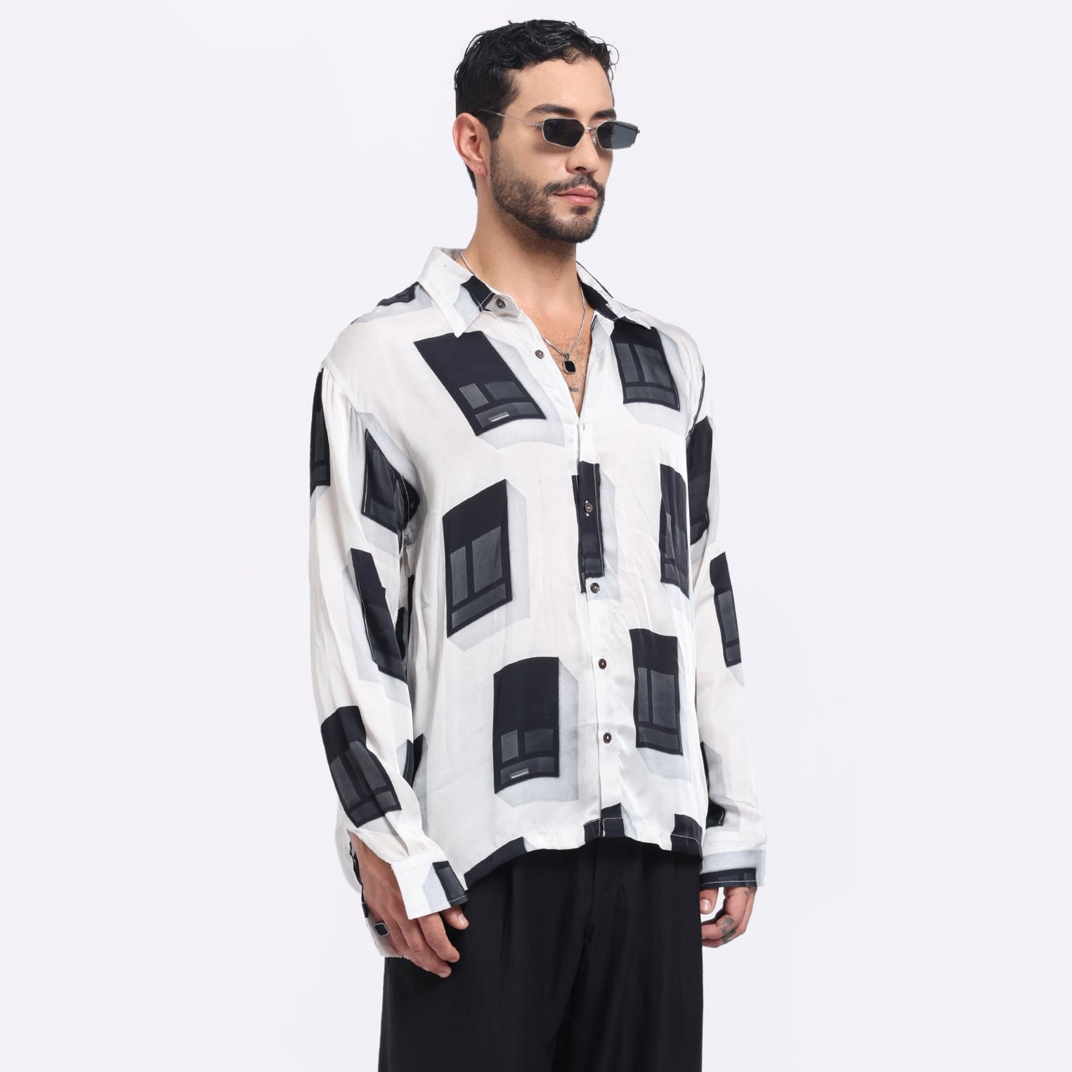 Stylera modern printed men's shirt with a stylish black and white window design, perfect for casual outings