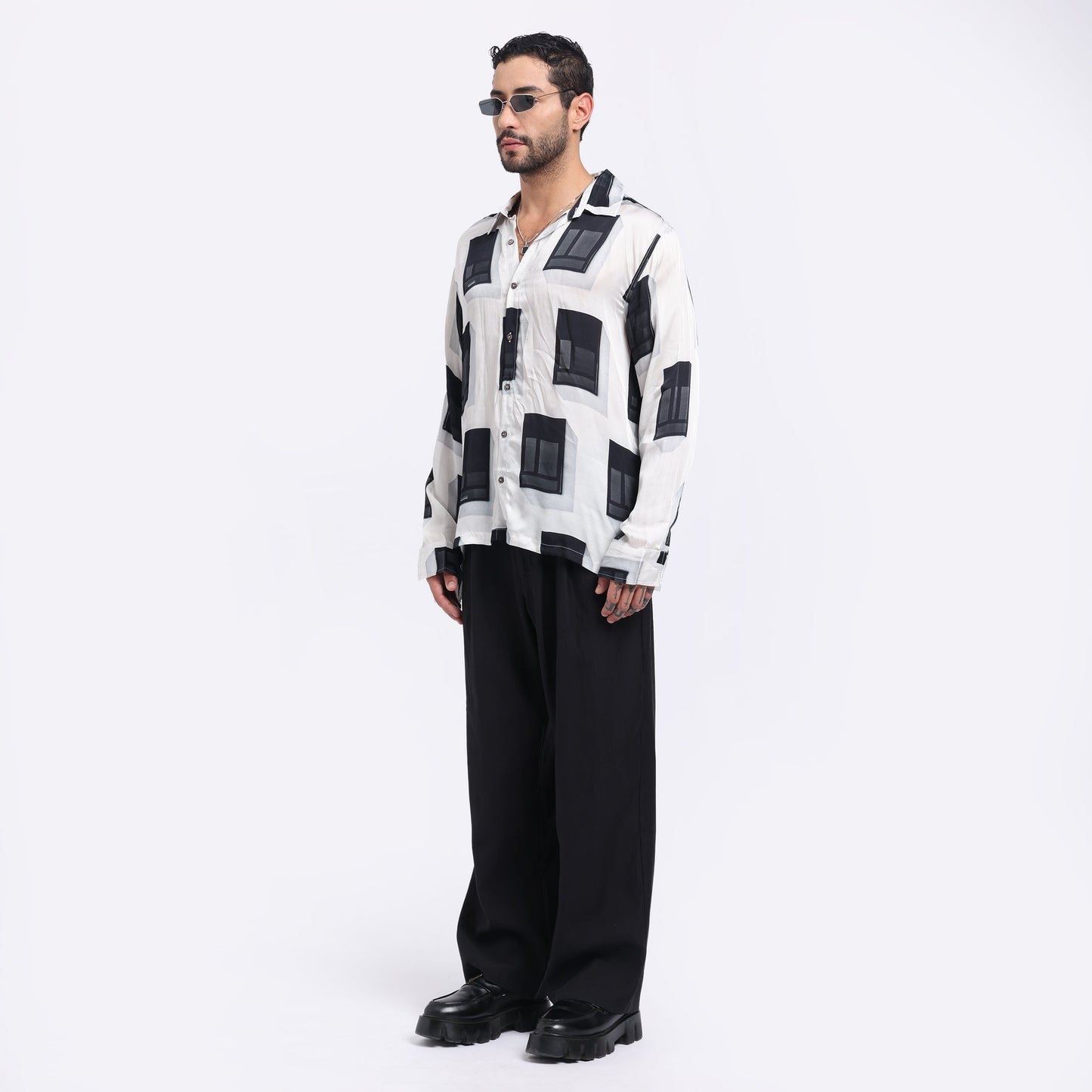 Stylera modern printed men's shirt featuring a stylish black and white geometric design