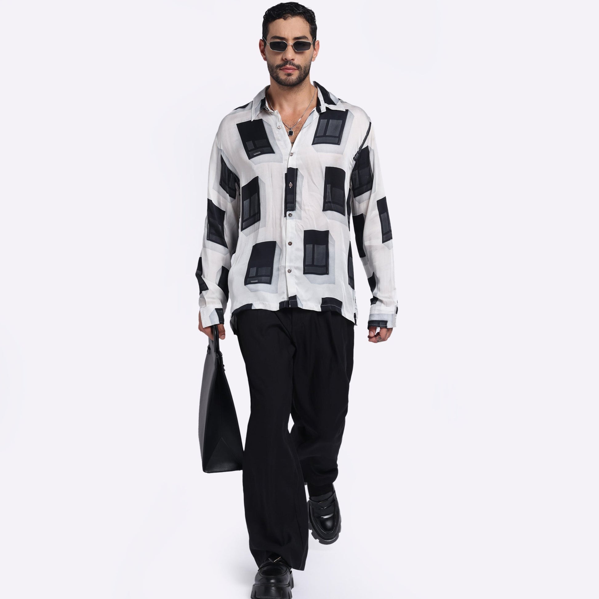 Stylera modern printed men's shirt in stylish black and white geometric pattern for a trendy look