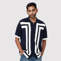Modern short sleeve polo shirt for men in navy with bold white geometric design