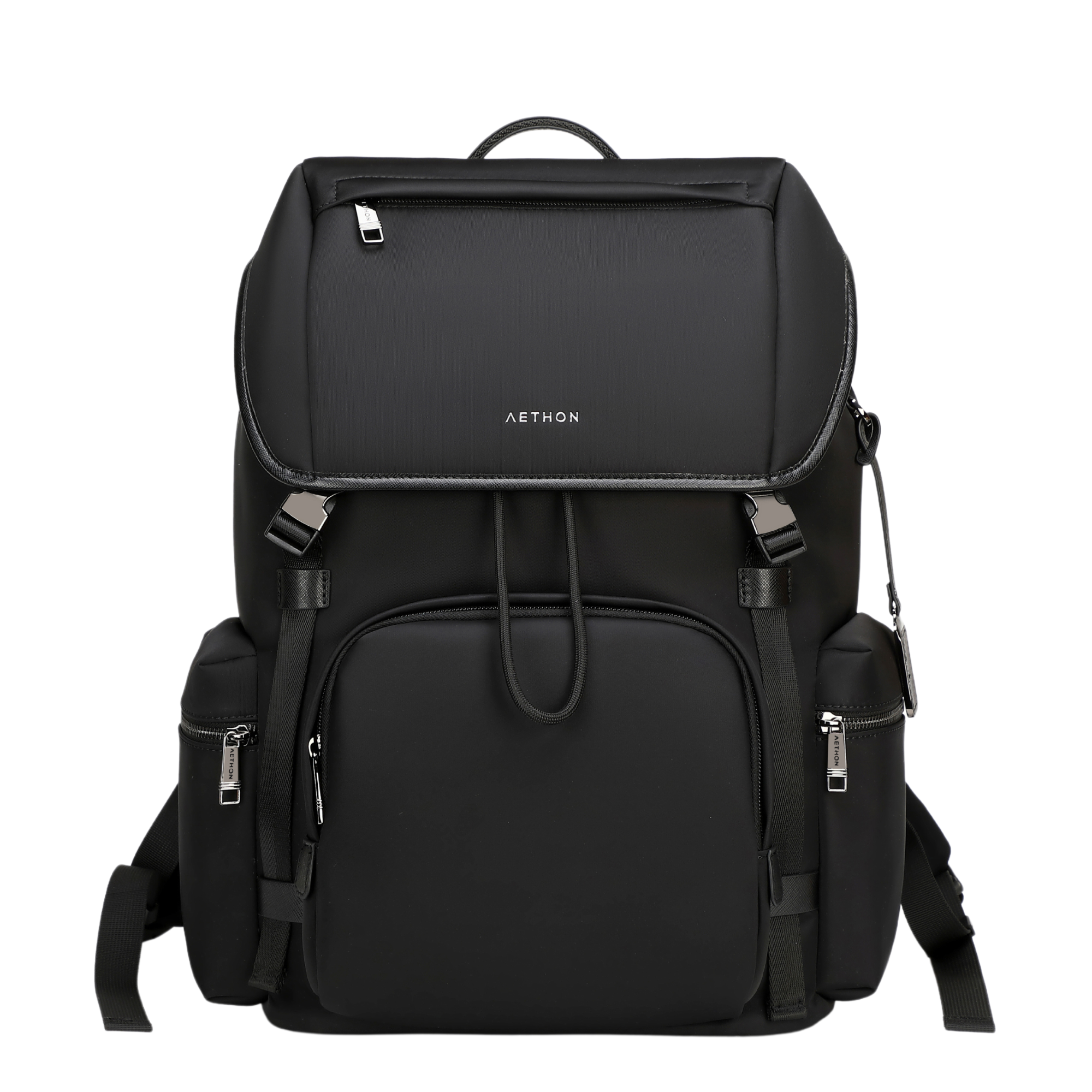 Stylera water resistant black modern travel backpack for men with flap top front and side zip pockets and padded straps