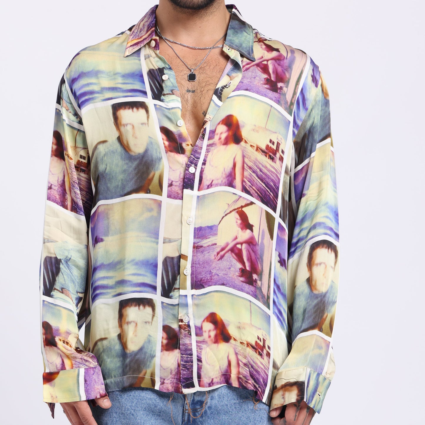 Stylera multi colored casual shirt featuring a vibrant photo collage design and relaxed fit