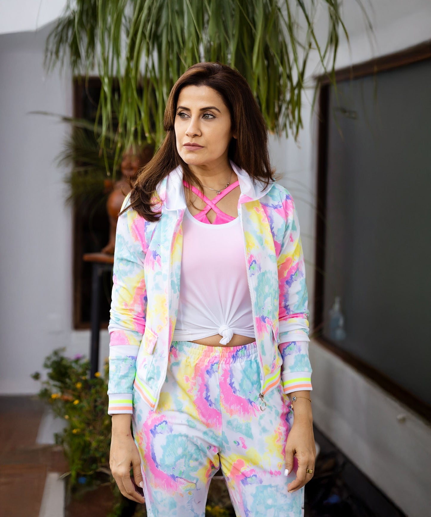 Stylera multicolor neon jacket and joggers set featuring a stylish design for activewear enthusiasts