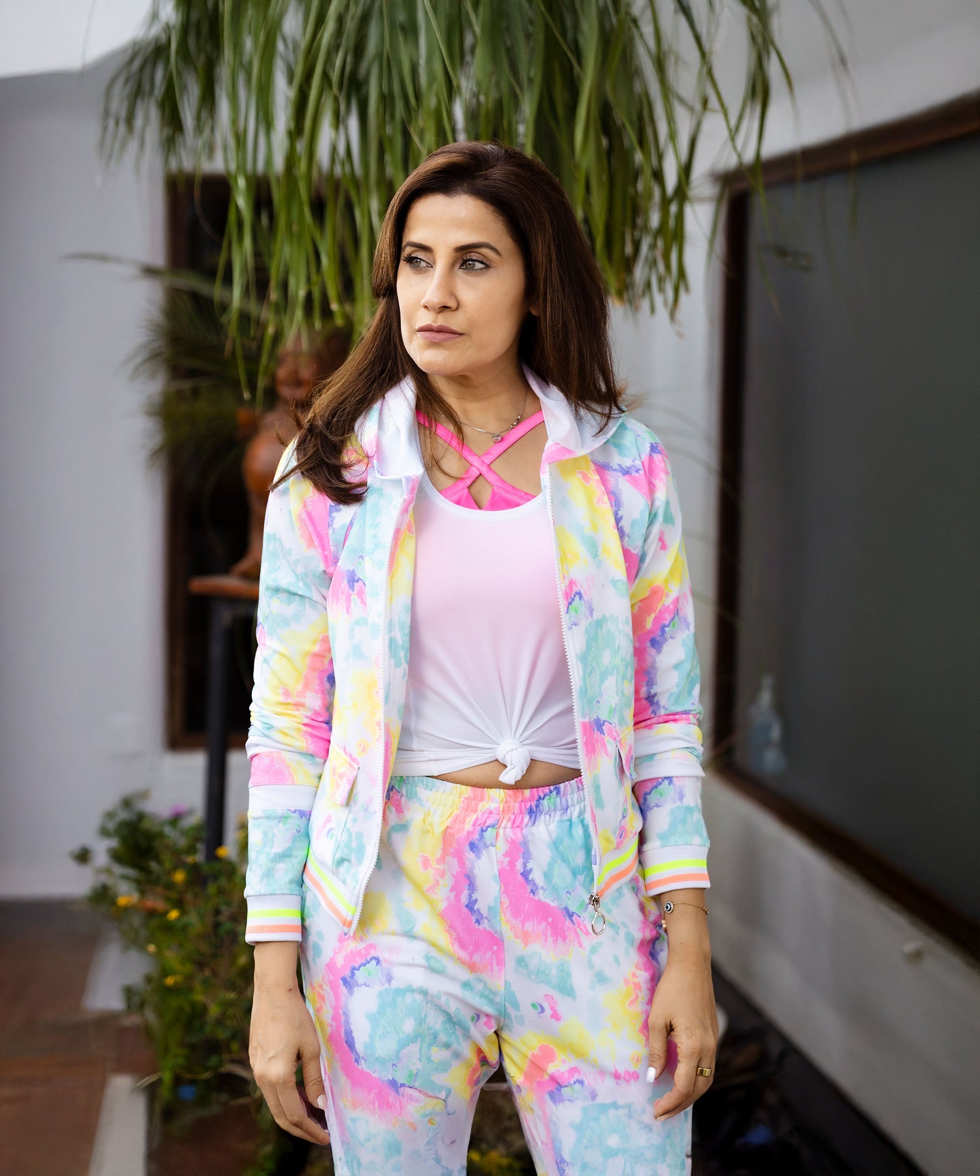 Stylera multicolor neon jacket and joggers set featuring a stylish design for activewear enthusiasts