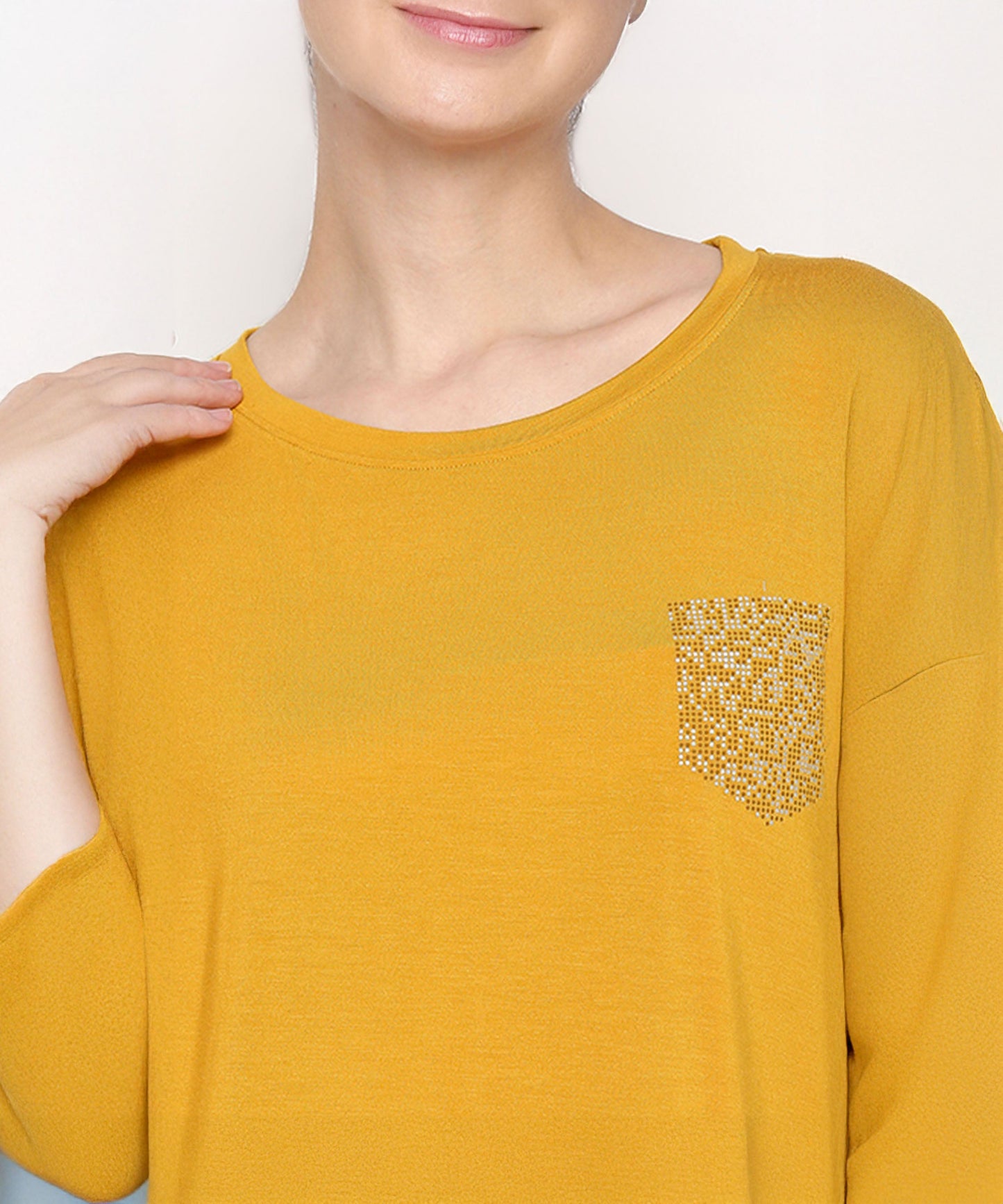 Mustard two piece set for women featuring a stylish top with sequin pocket detail