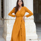 Mustard wrap dress with long sleeves and a tie waist, perfect for casual and formal occasions