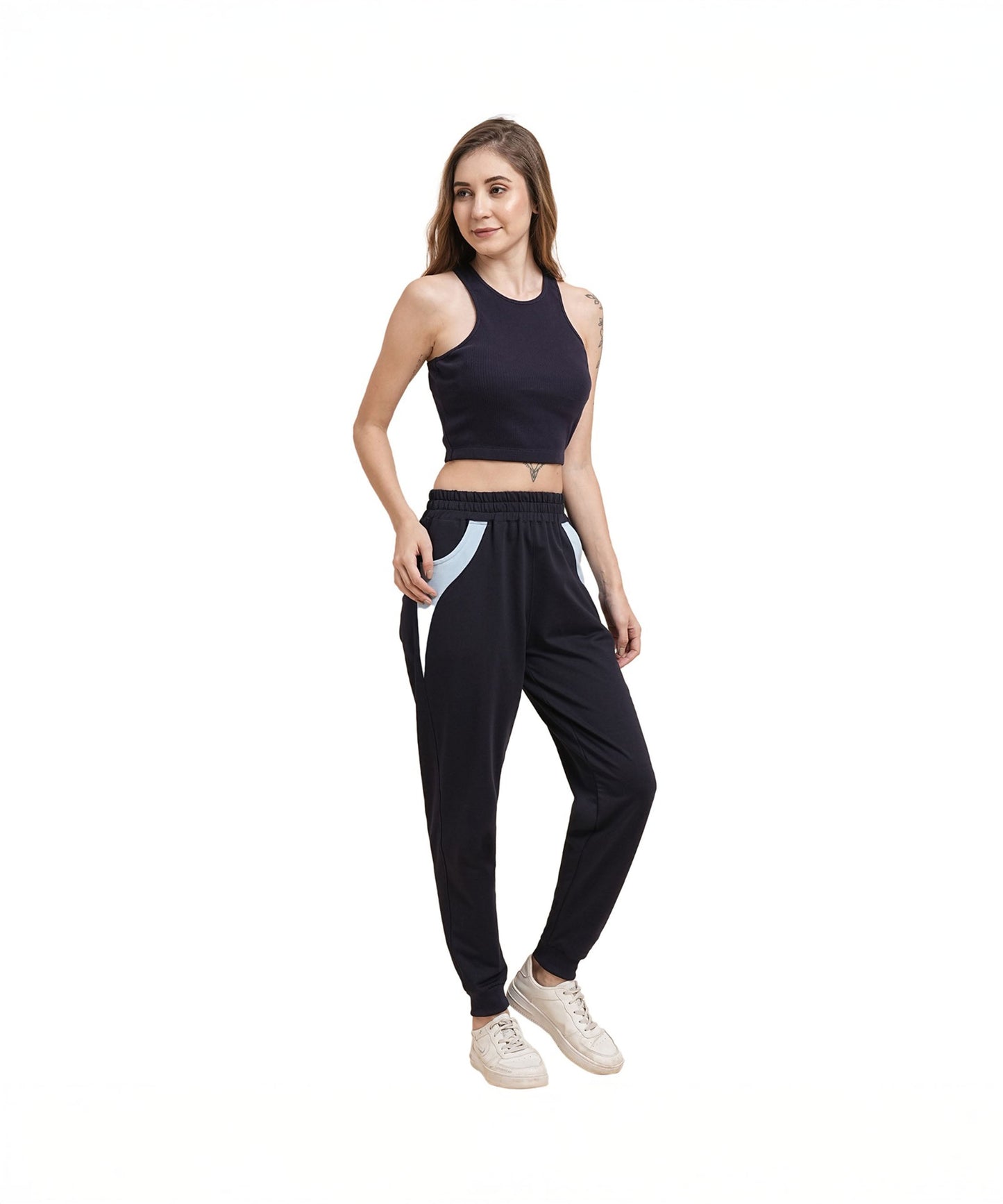 Stylish navy blue joggers for women with contrasting side panels and a comfortable fit