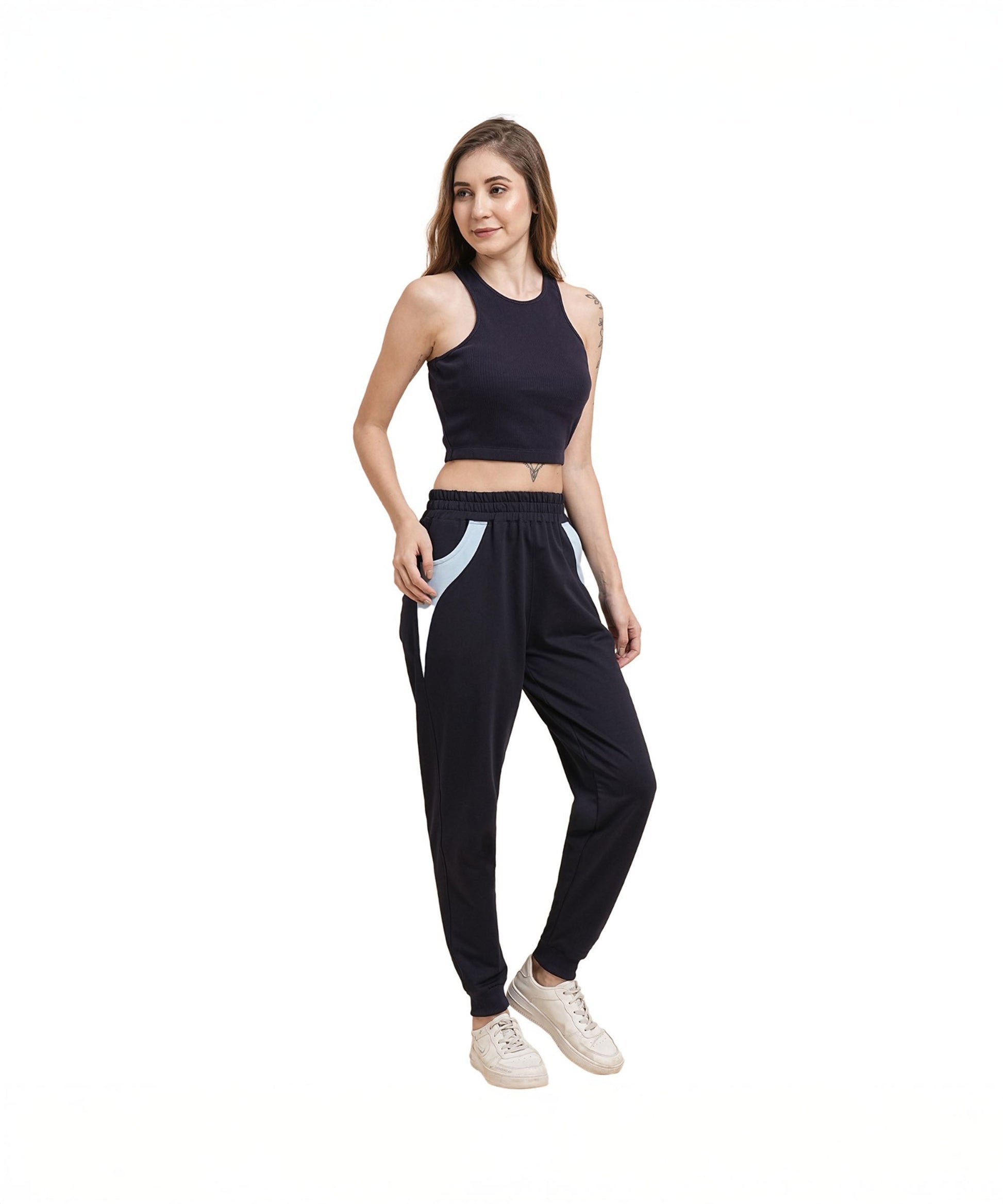 Stylish navy blue joggers for women with contrasting side panels and a comfortable fit