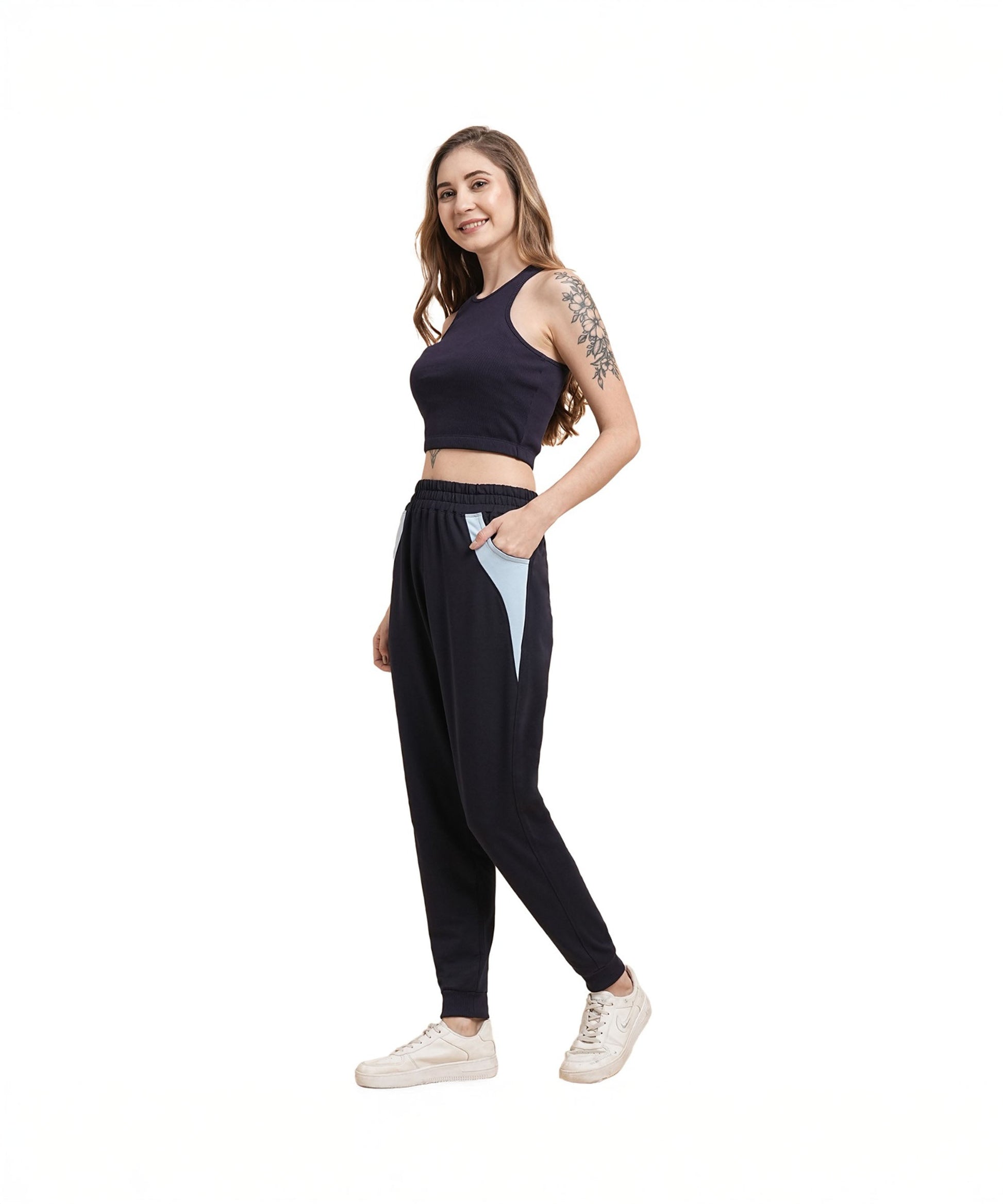 Stylish navy blue joggers for women with side pockets and comfortable fit for active wear