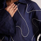 Stylera navy blue oversized cotton shirt with white embroidery details on the sleeves and front