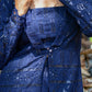 Navy blue three piece co-ord set featuring intricate embroidery and a stylish overcoat design