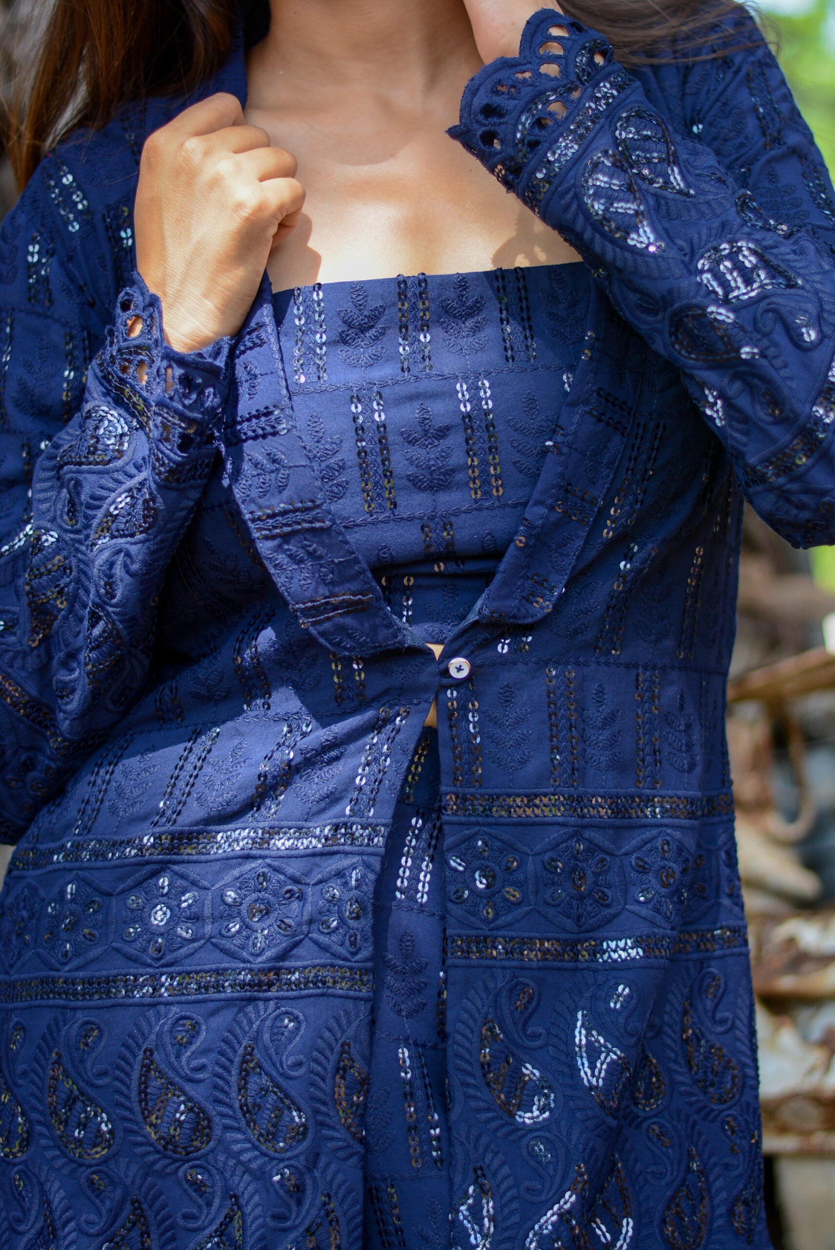 Navy blue three piece co-ord set featuring intricate embroidery and a stylish overcoat design