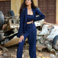 Navy blue three piece co-ord set featuring a crop top, blazer, and pants for stylish outfits