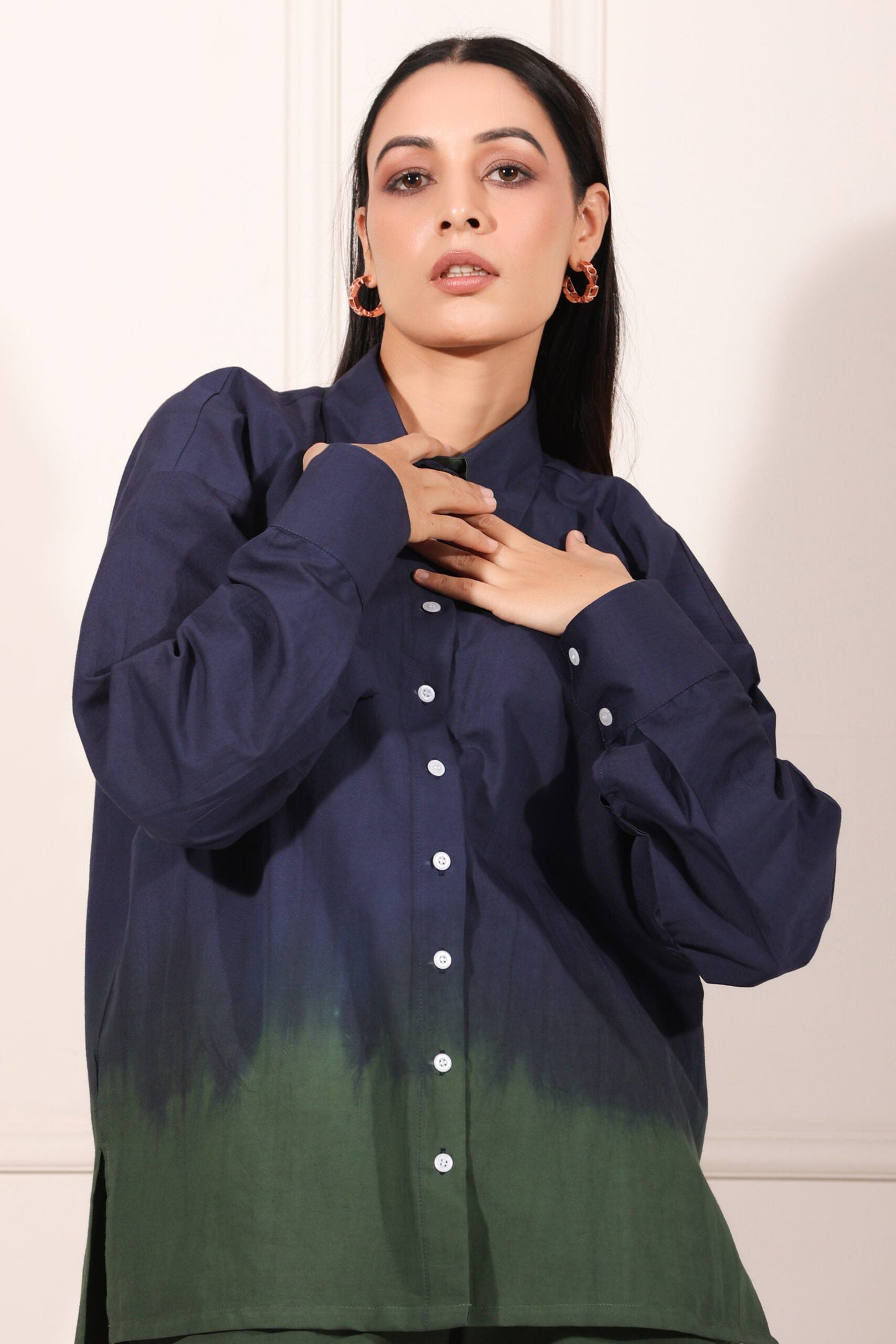 Navy green two piece matching set featuring a stylish oversized shirt with a dip-dye design