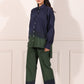 Stylish navy green two piece matching set with button-up shirt and wide-leg pants