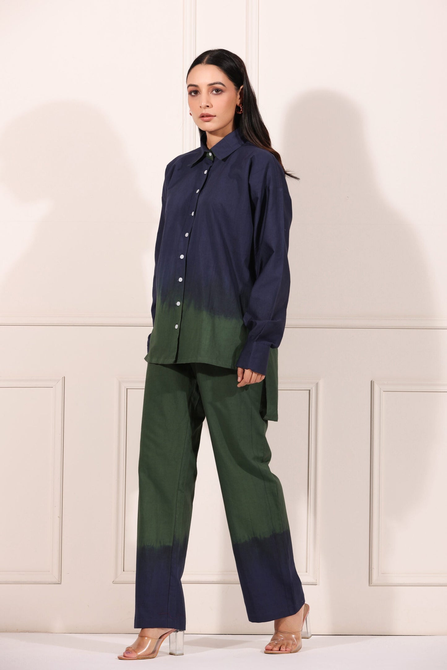 Stylish navy green two piece matching set with button-up shirt and wide-leg pants
