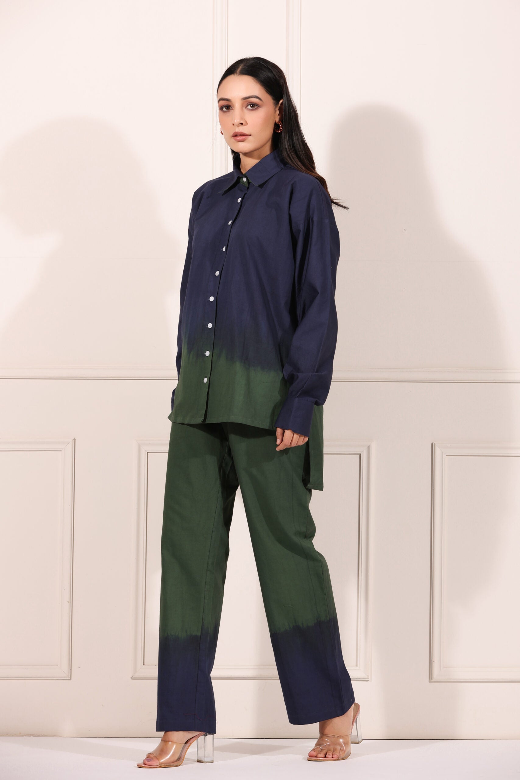 Stylish navy green two piece matching set with button-up shirt and wide-leg pants