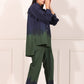 Navy green two piece matching set featuring a button-up shirt and tailored pants