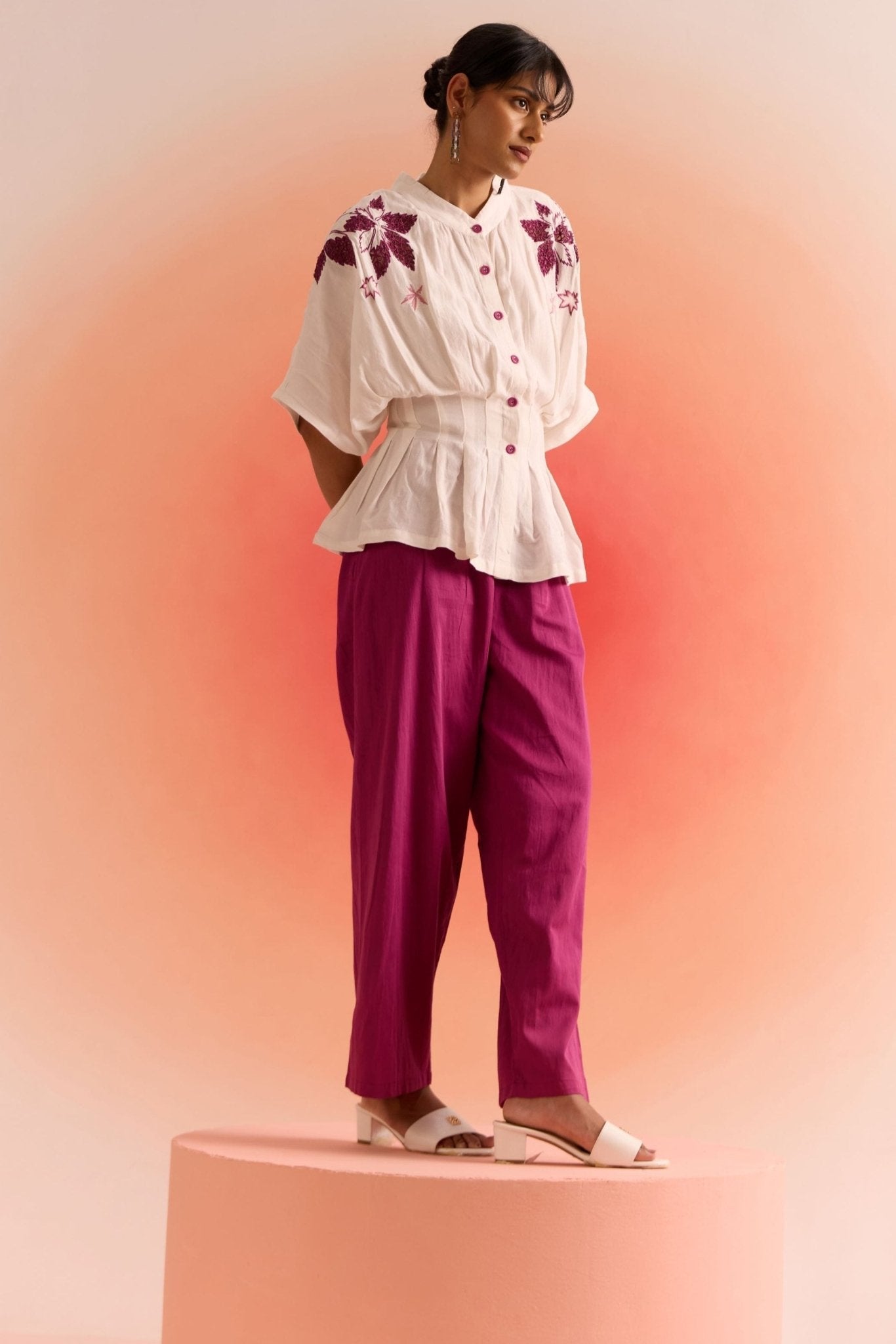 Stylera off white embroidered cord set with floral embroidery and magenta pants