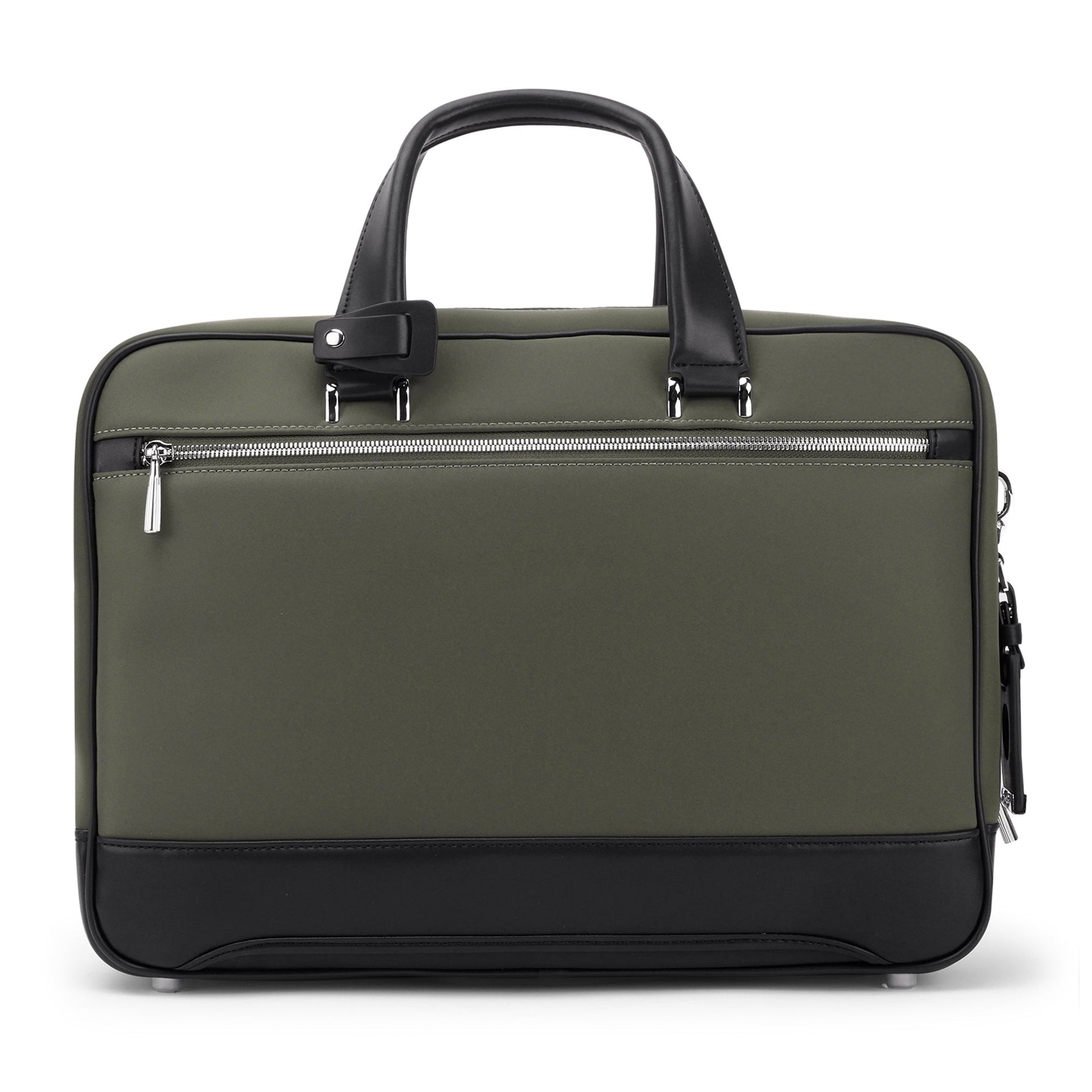 Stylera olive briefcase for men with black leather handles and trim front zip pocket secure lock and padded laptop compartment