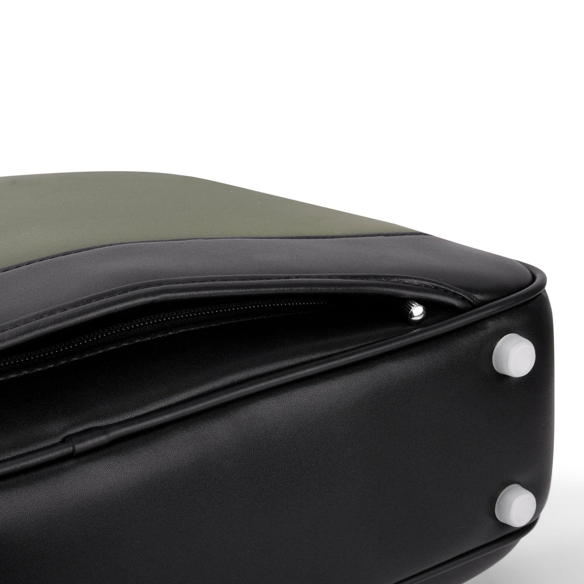 Stylera olive briefcase for men close up of olive fabric top black leather base zipper and protective metal feet