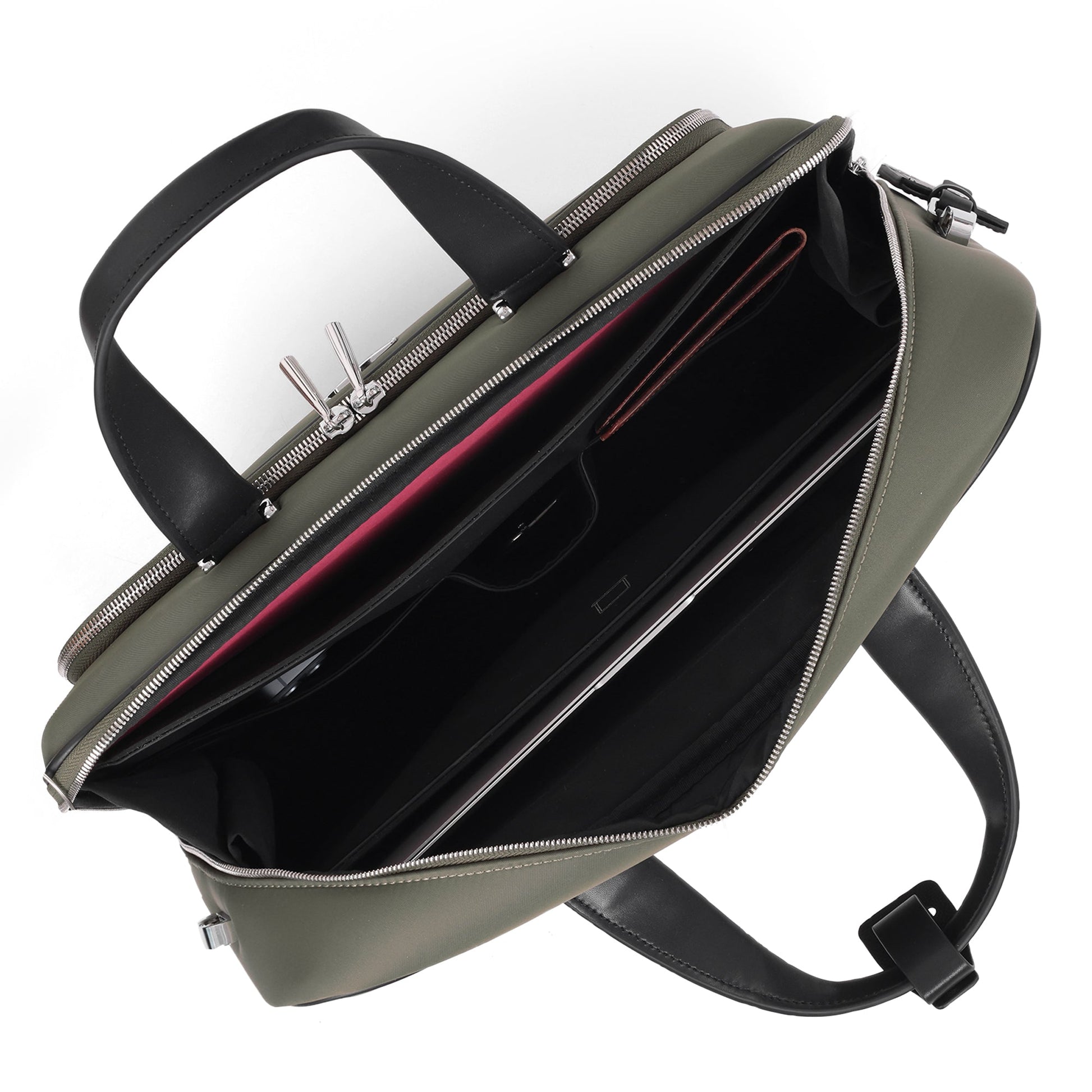 olive briefcase for men top view open laptop compartment padded sleeve dual handles zipper closure