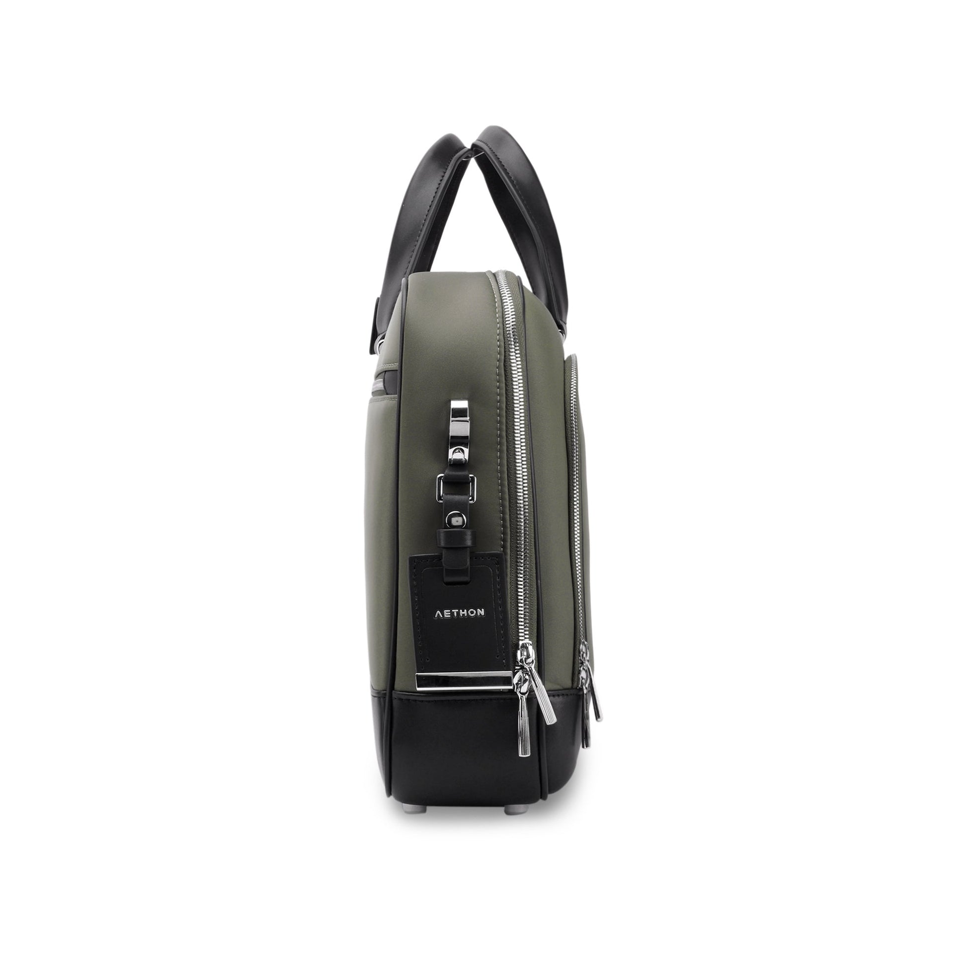 Stylera olive briefcase for men side view with black leather handles metal hardware and dual zip compartments